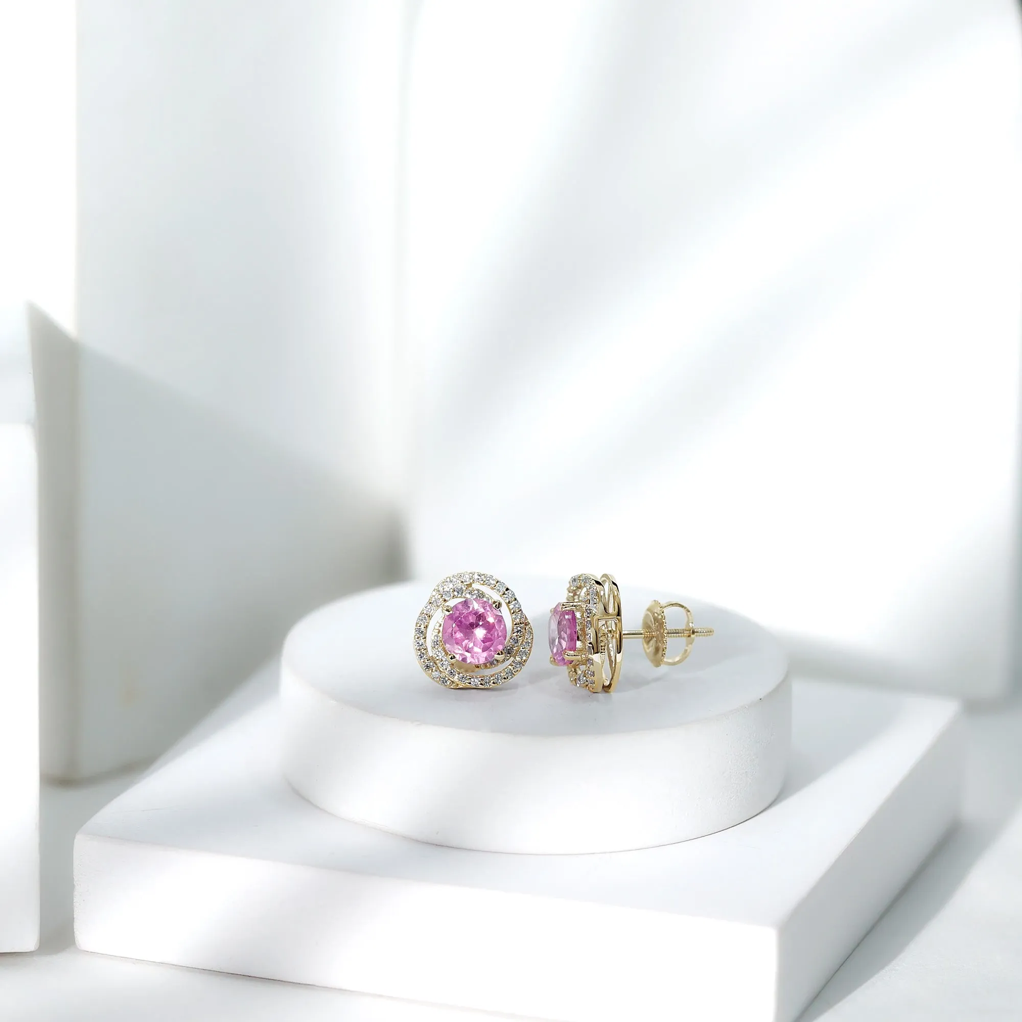 Lab Created Pink Sapphire Swirl Stud Earrings with Diamond