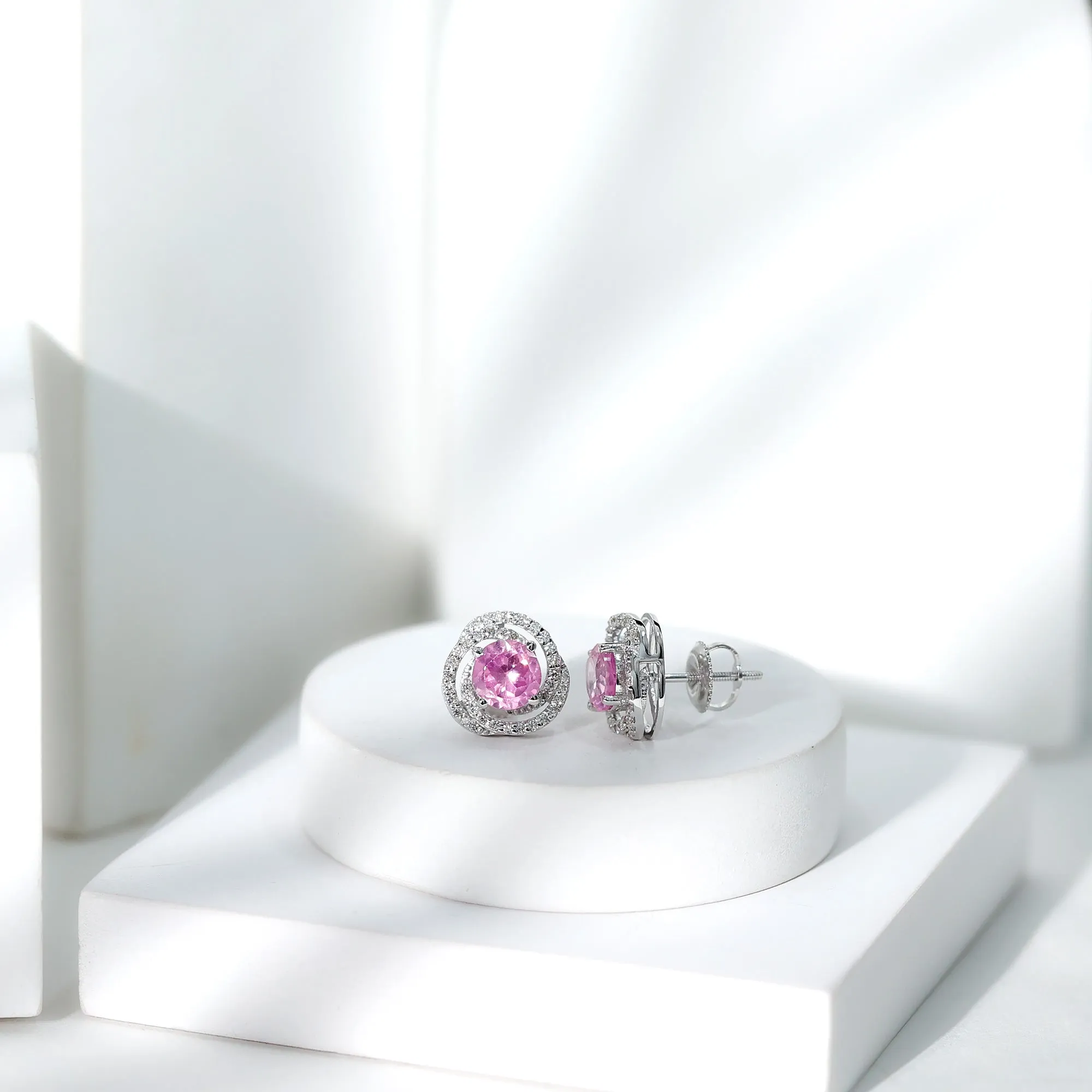 Lab Created Pink Sapphire Swirl Stud Earrings with Diamond