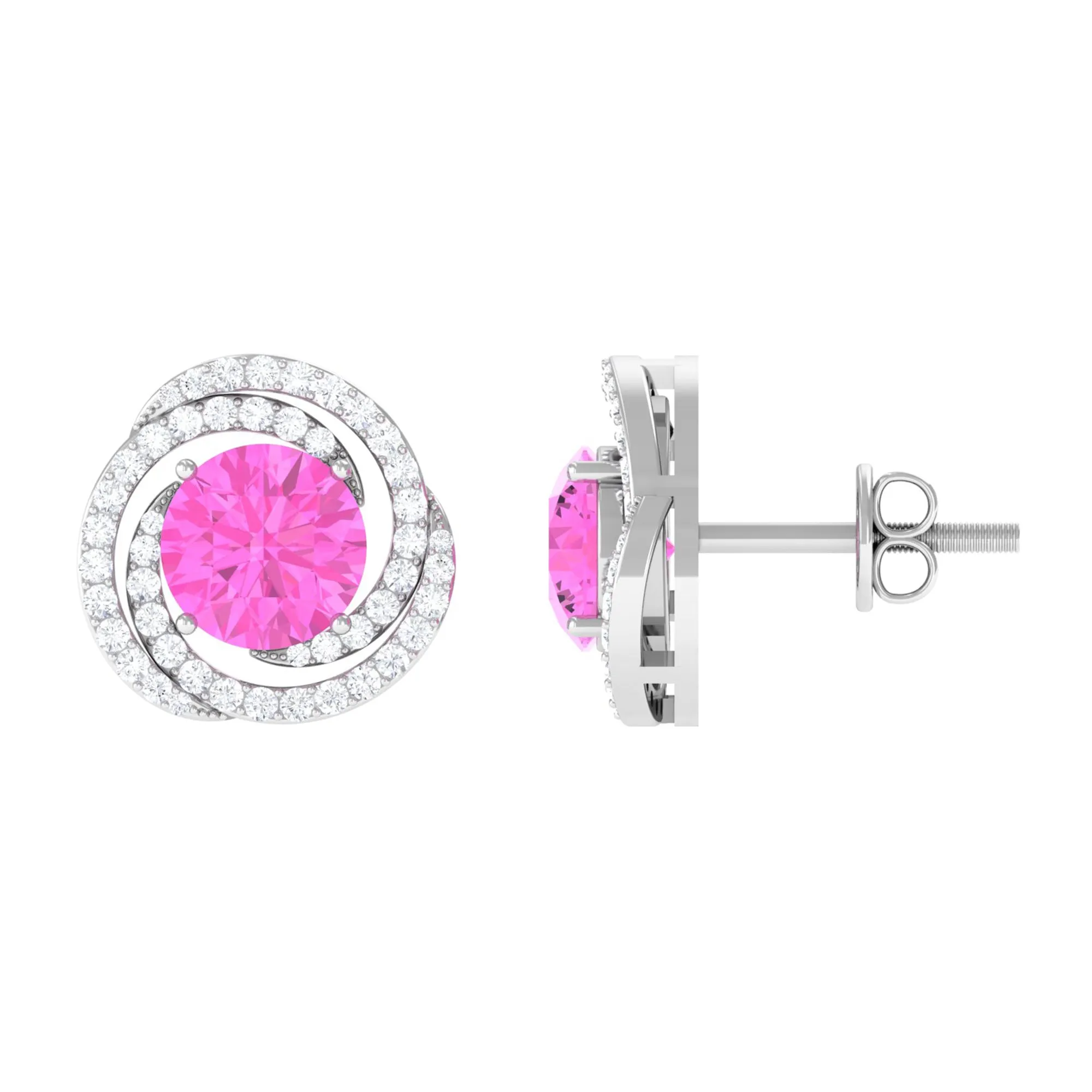 Lab Created Pink Sapphire Swirl Stud Earrings with Diamond