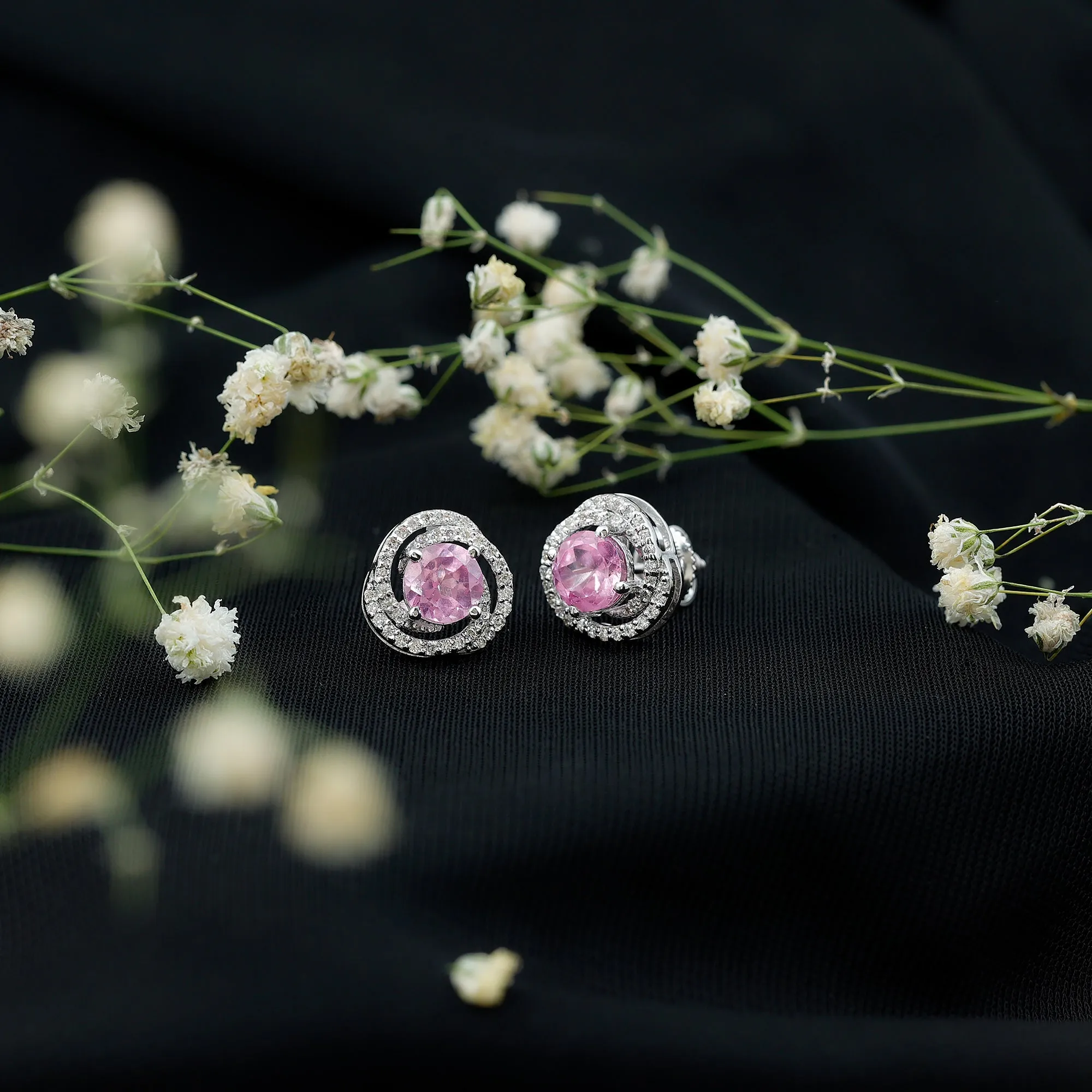 Lab Created Pink Sapphire Swirl Stud Earrings with Diamond