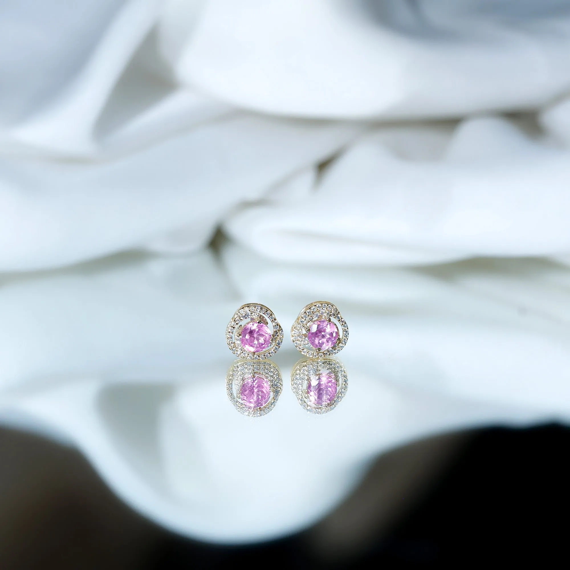 Lab Created Pink Sapphire Swirl Stud Earrings with Diamond