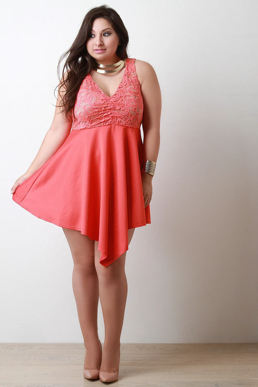 Lace Bodice Sleeveless Angle Hem Fit And Flare Dress