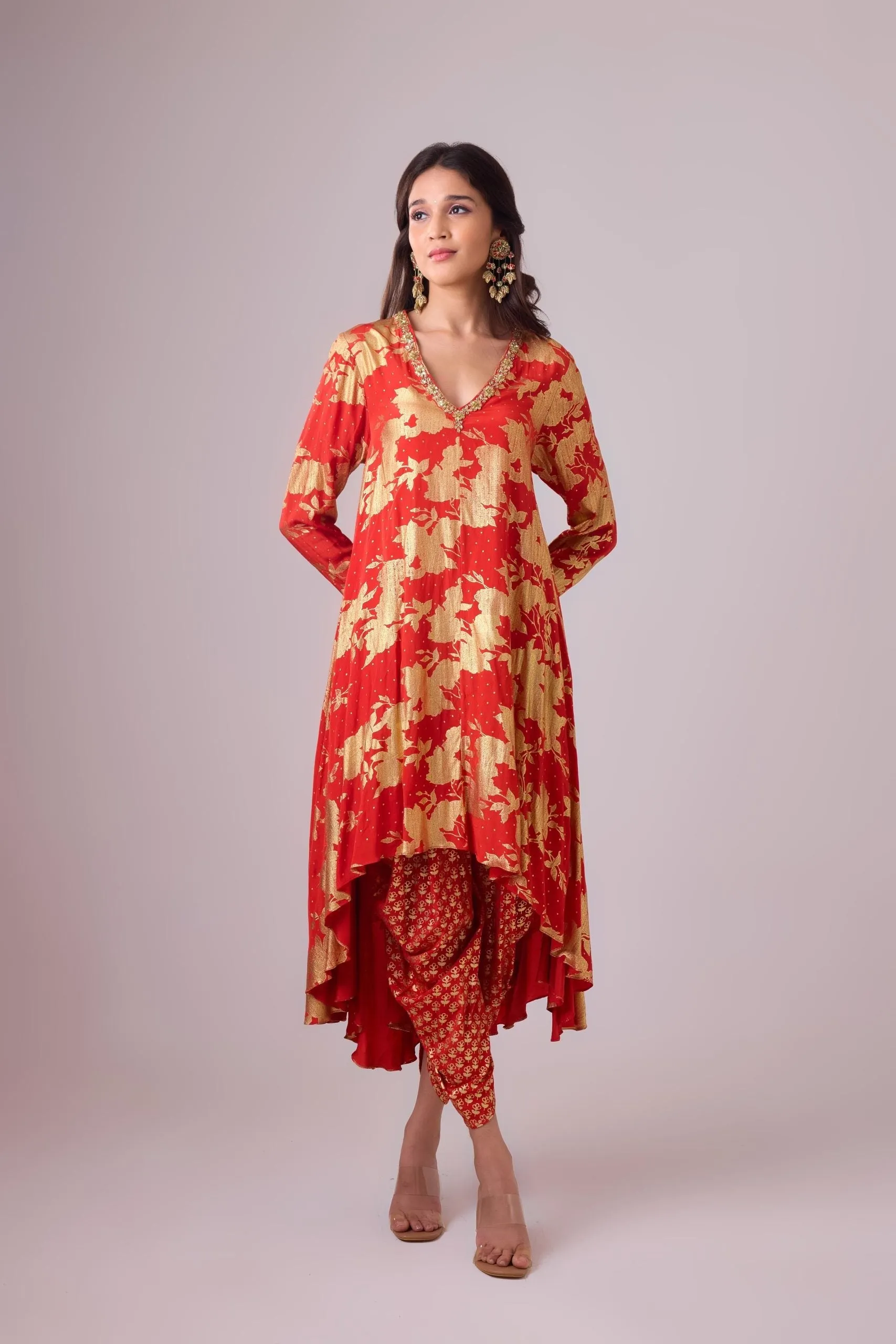 Long asymmetrical foil printed kurta