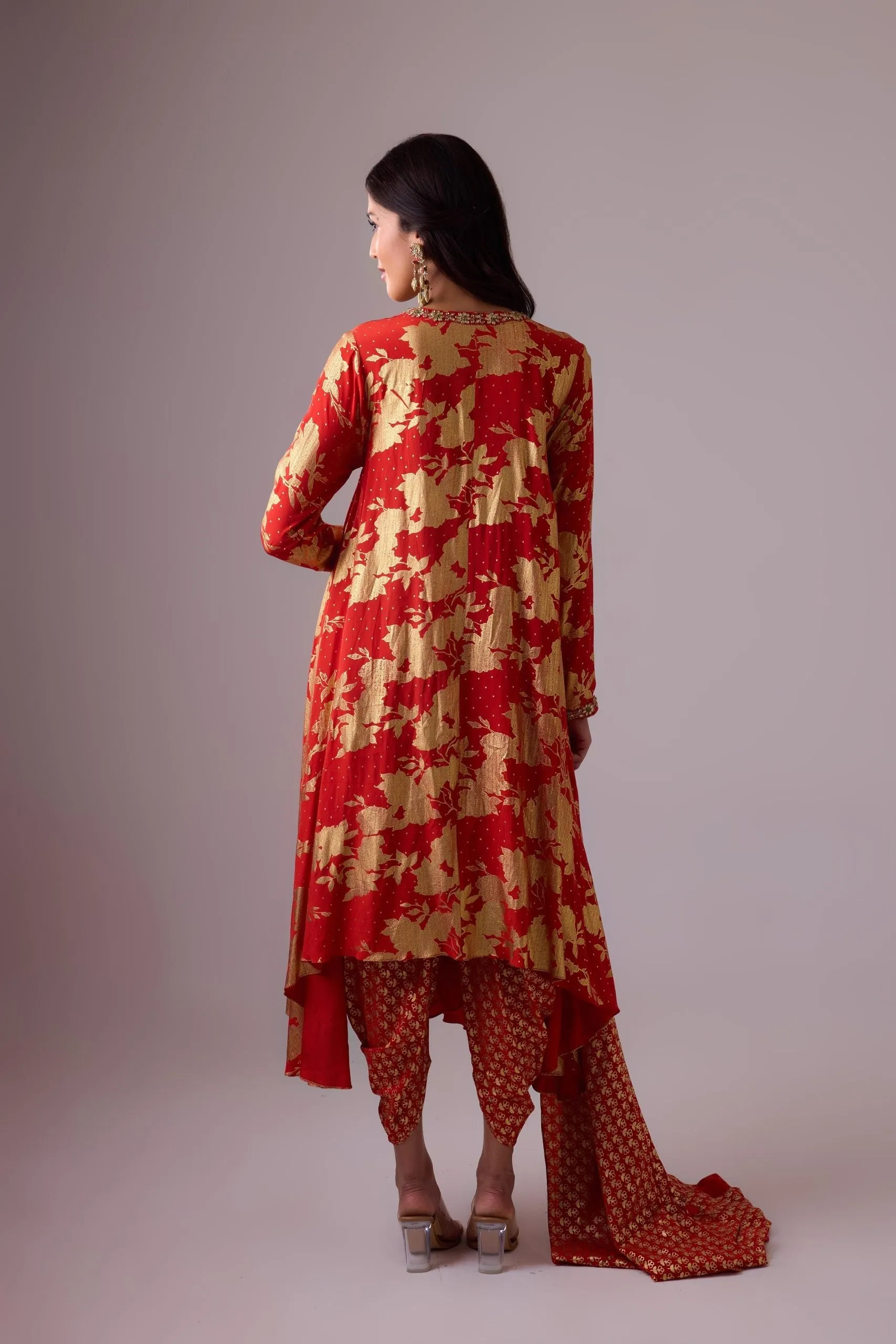 Long asymmetrical foil printed kurta