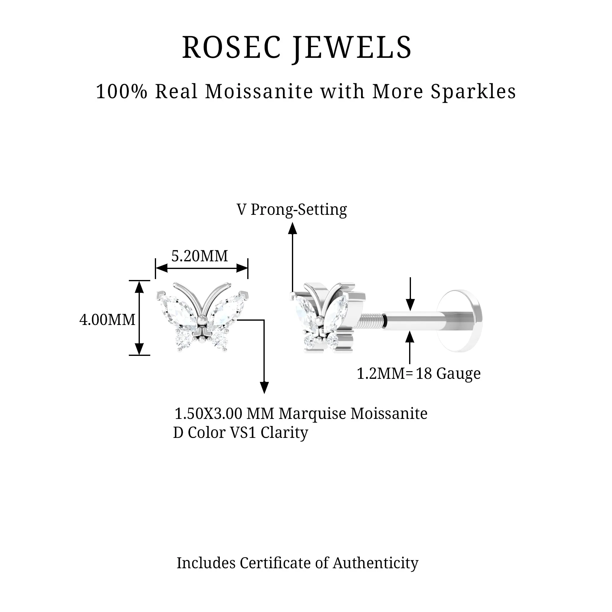 Marquise Moissanite Butterfly Cartilage Earring