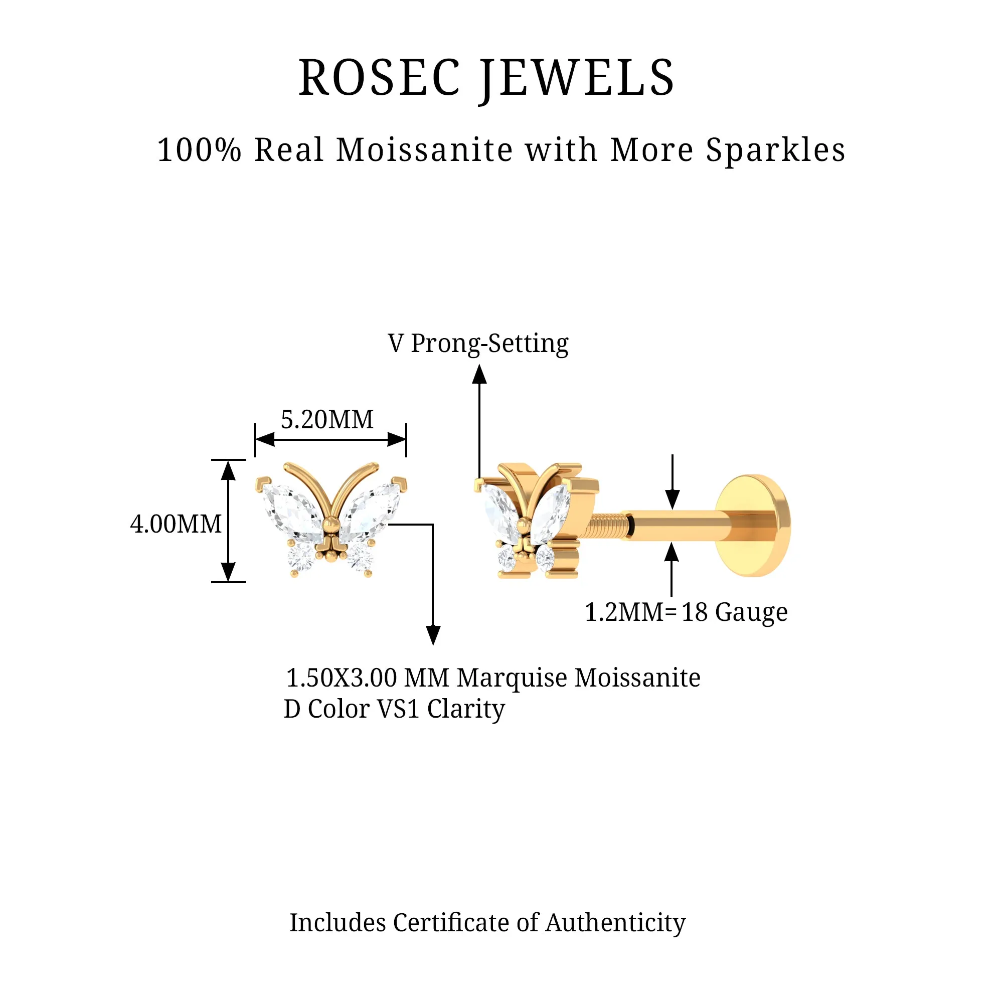 Marquise Moissanite Butterfly Cartilage Earring