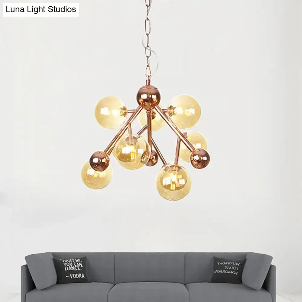 Modern Amber Glass Spherical 9-Light Chandelier for Living Room Ceiling