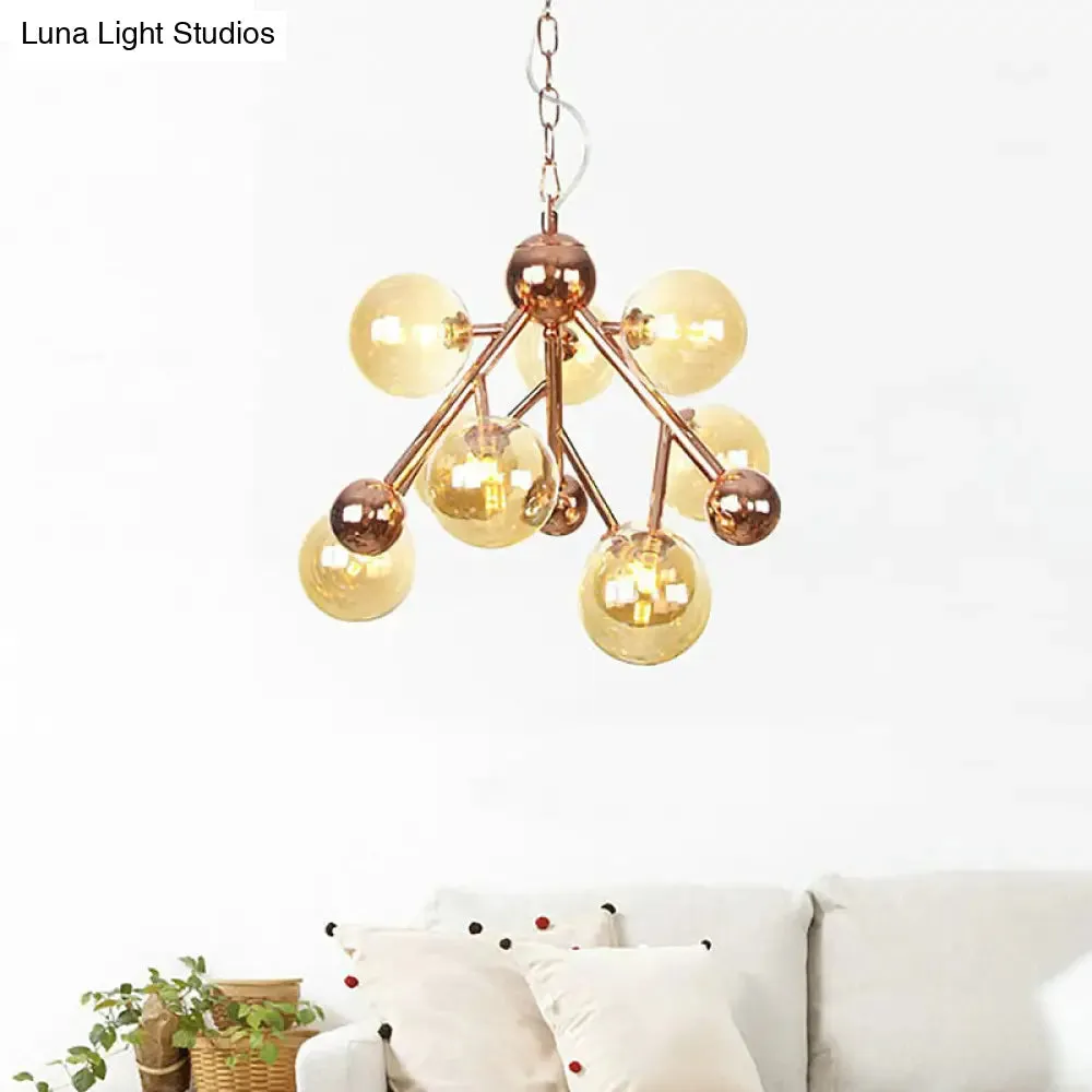 Modern Amber Glass Spherical 9-Light Chandelier for Living Room Ceiling