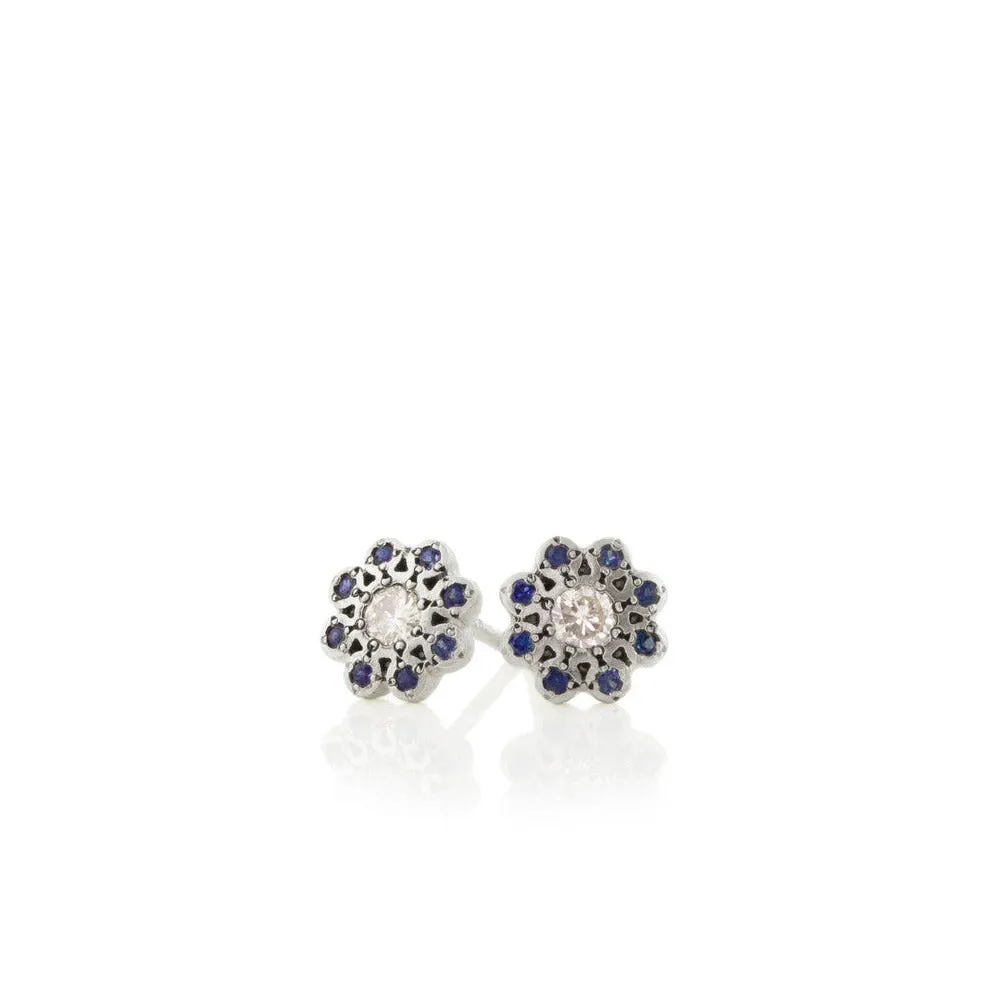 Moonflower Studs with Diamonds and Sapphires in Sterling Silver by Adel Chefridi