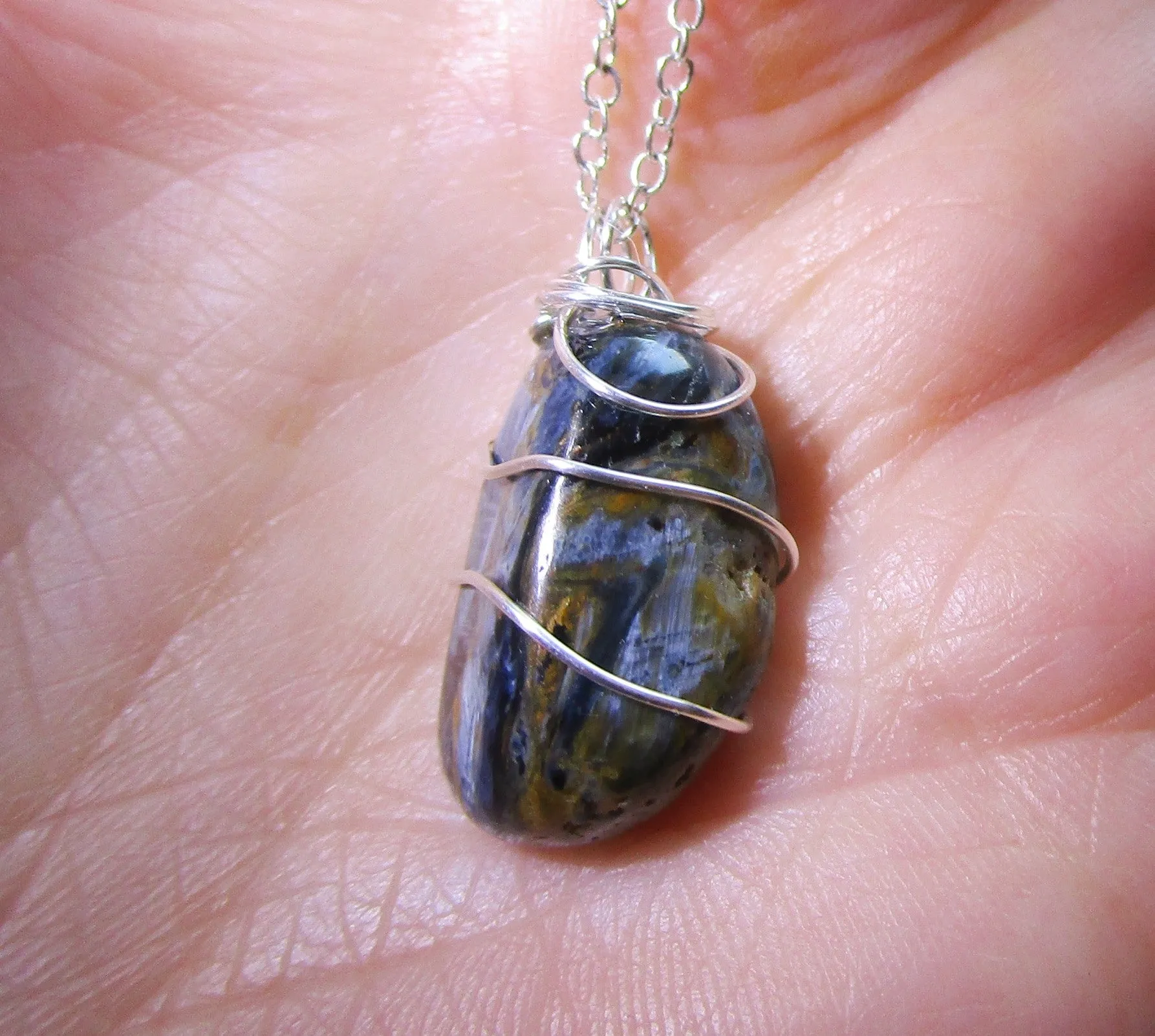 Natural Pietersite Blue and Gold Tempest Stone Pendant Necklace