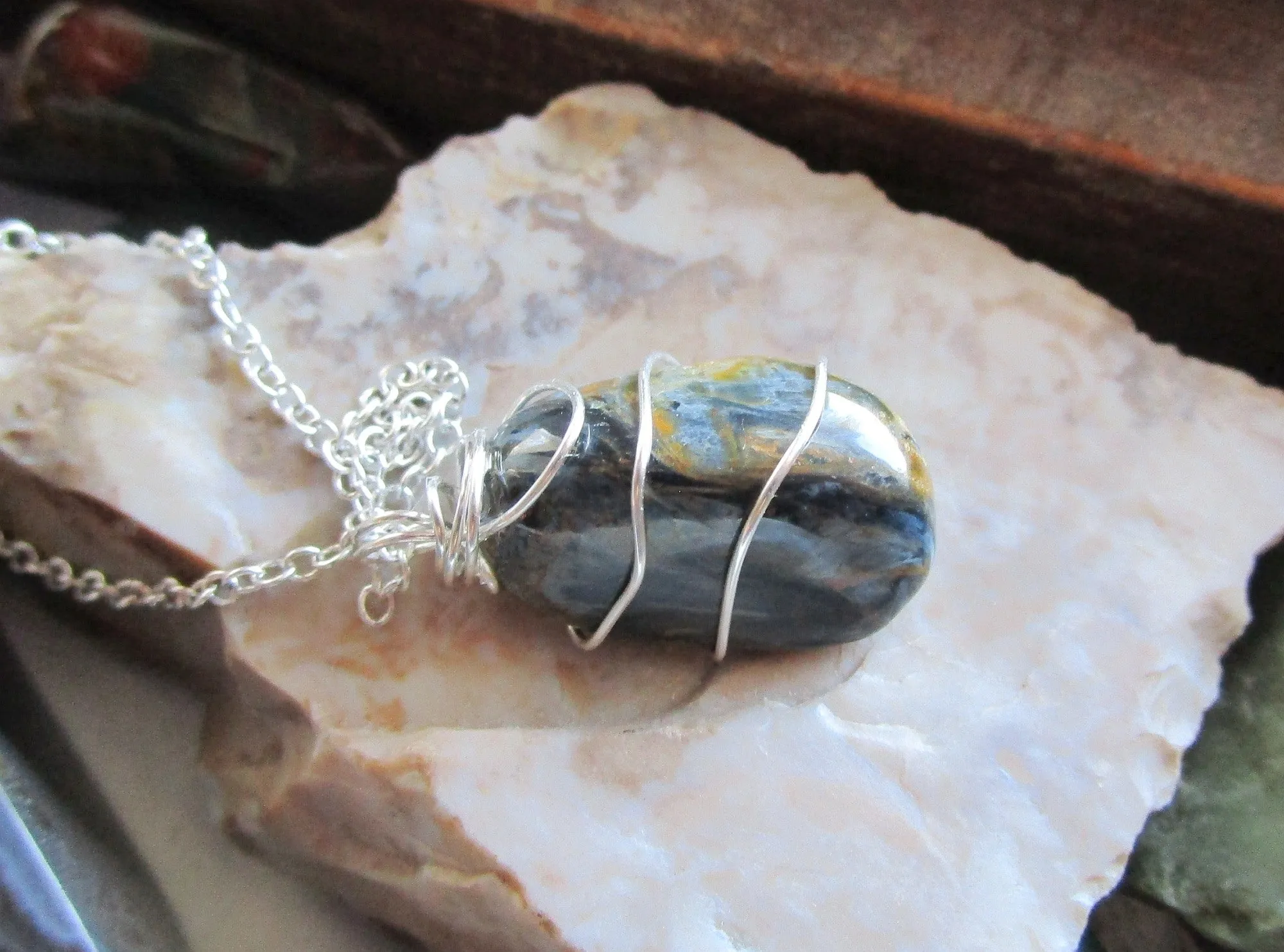 Natural Pietersite Blue and Gold Tempest Stone Pendant Necklace