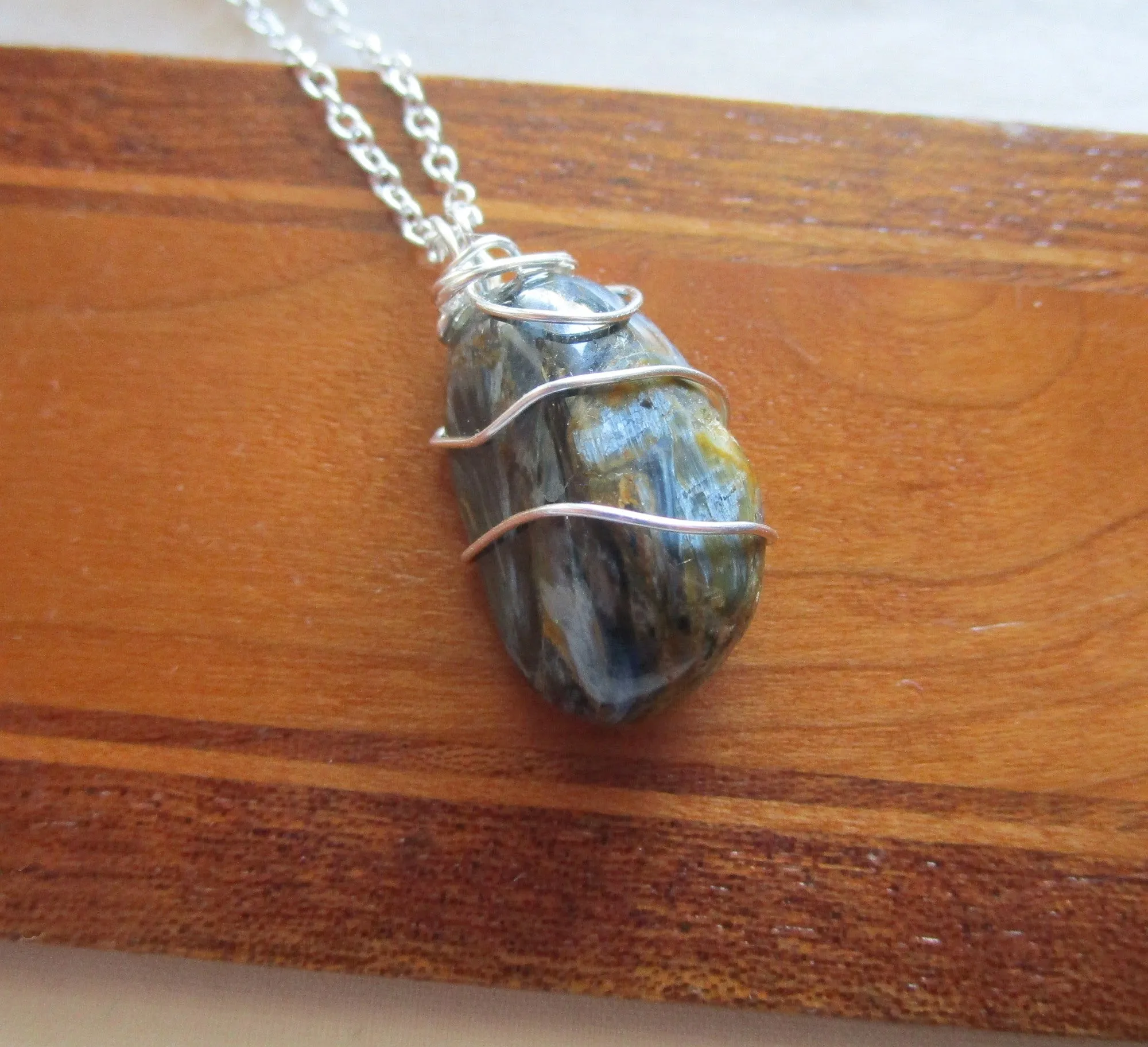 Natural Pietersite Blue and Gold Tempest Stone Pendant Necklace