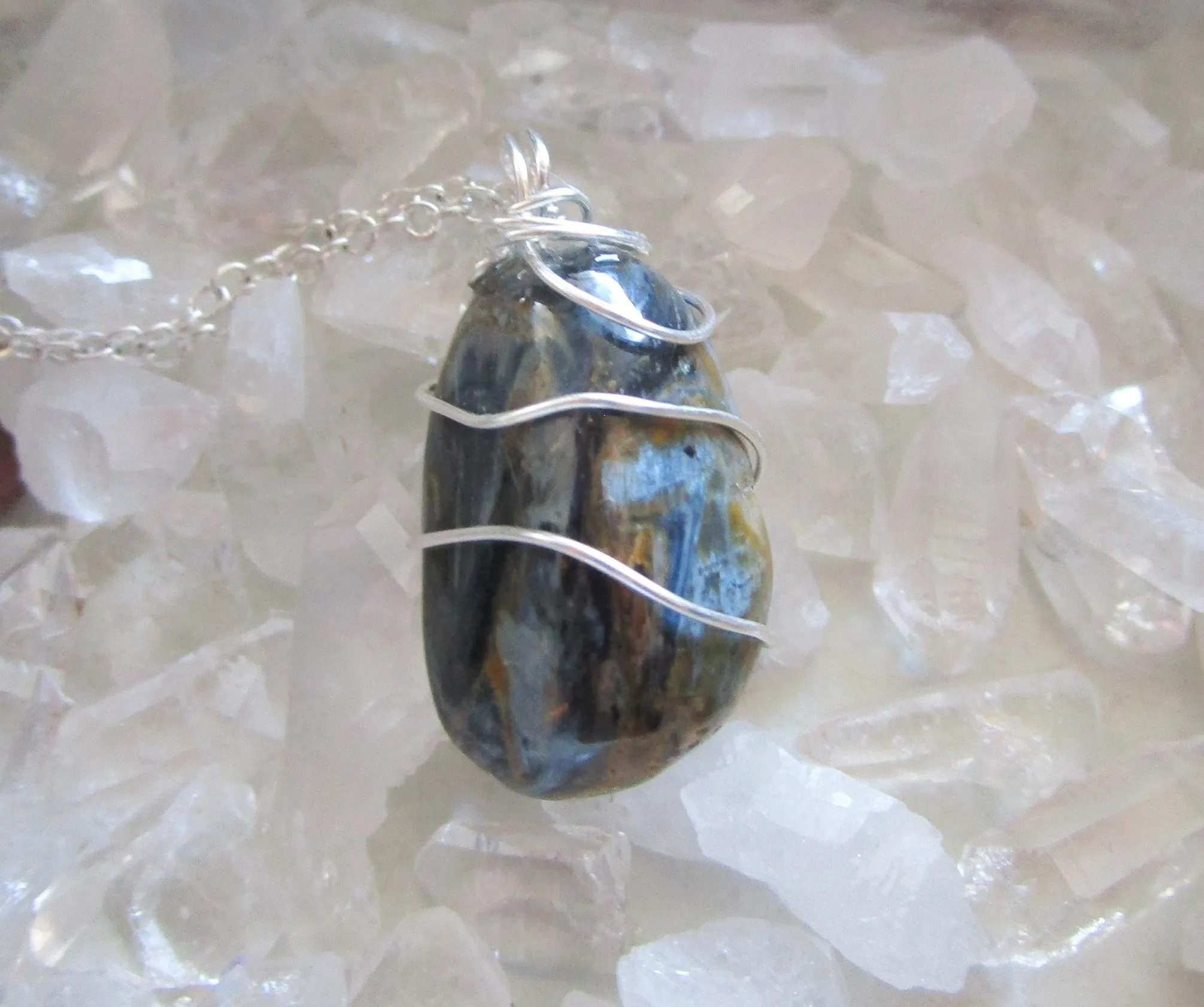 Natural Pietersite Blue and Gold Tempest Stone Pendant Necklace