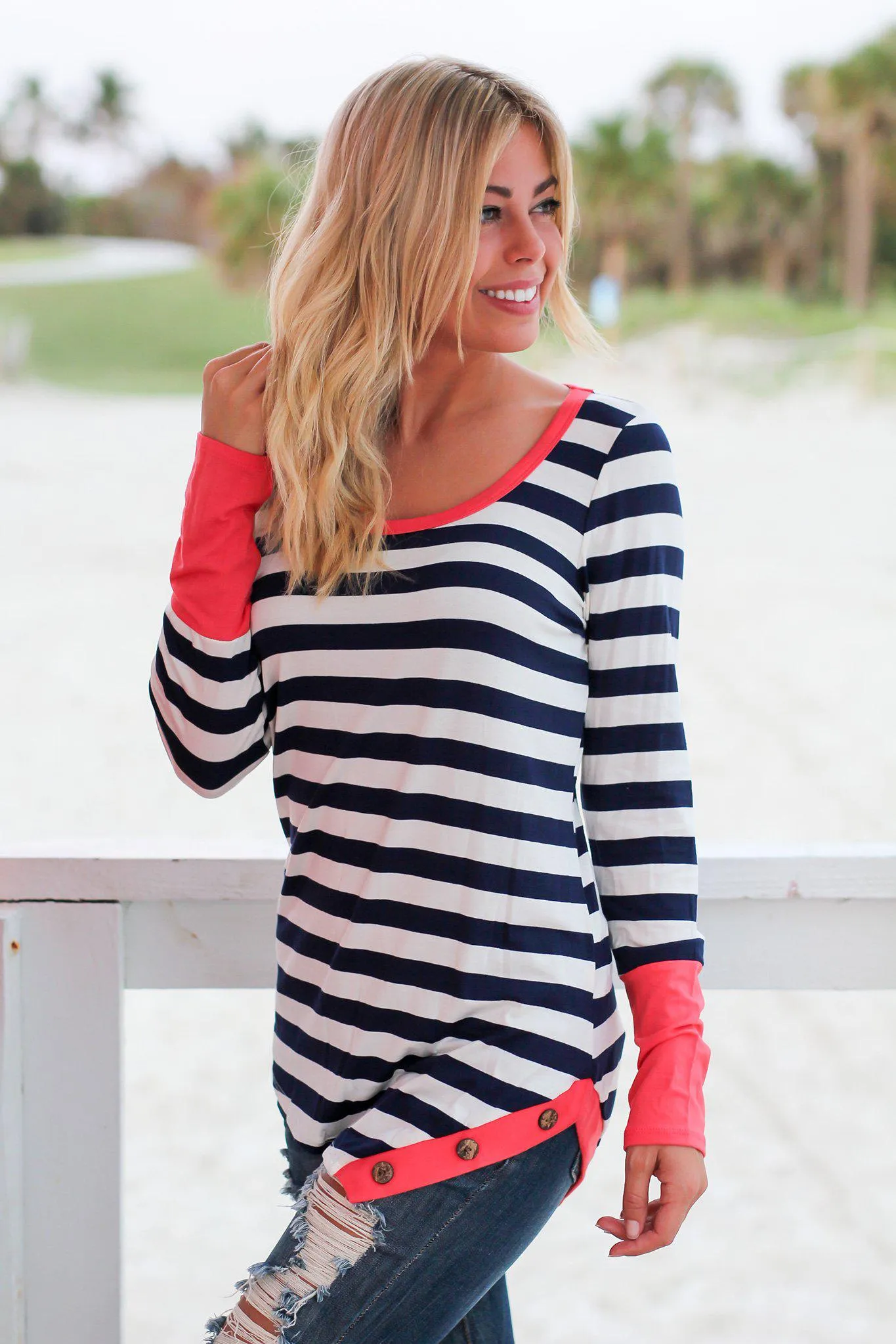 Navy and Coral Striped Top with Buttons