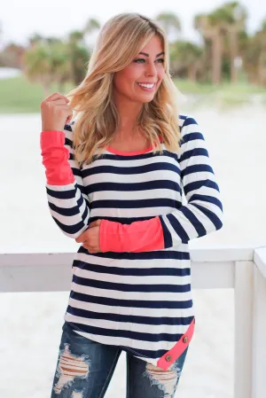 Navy and Coral Striped Top with Buttons