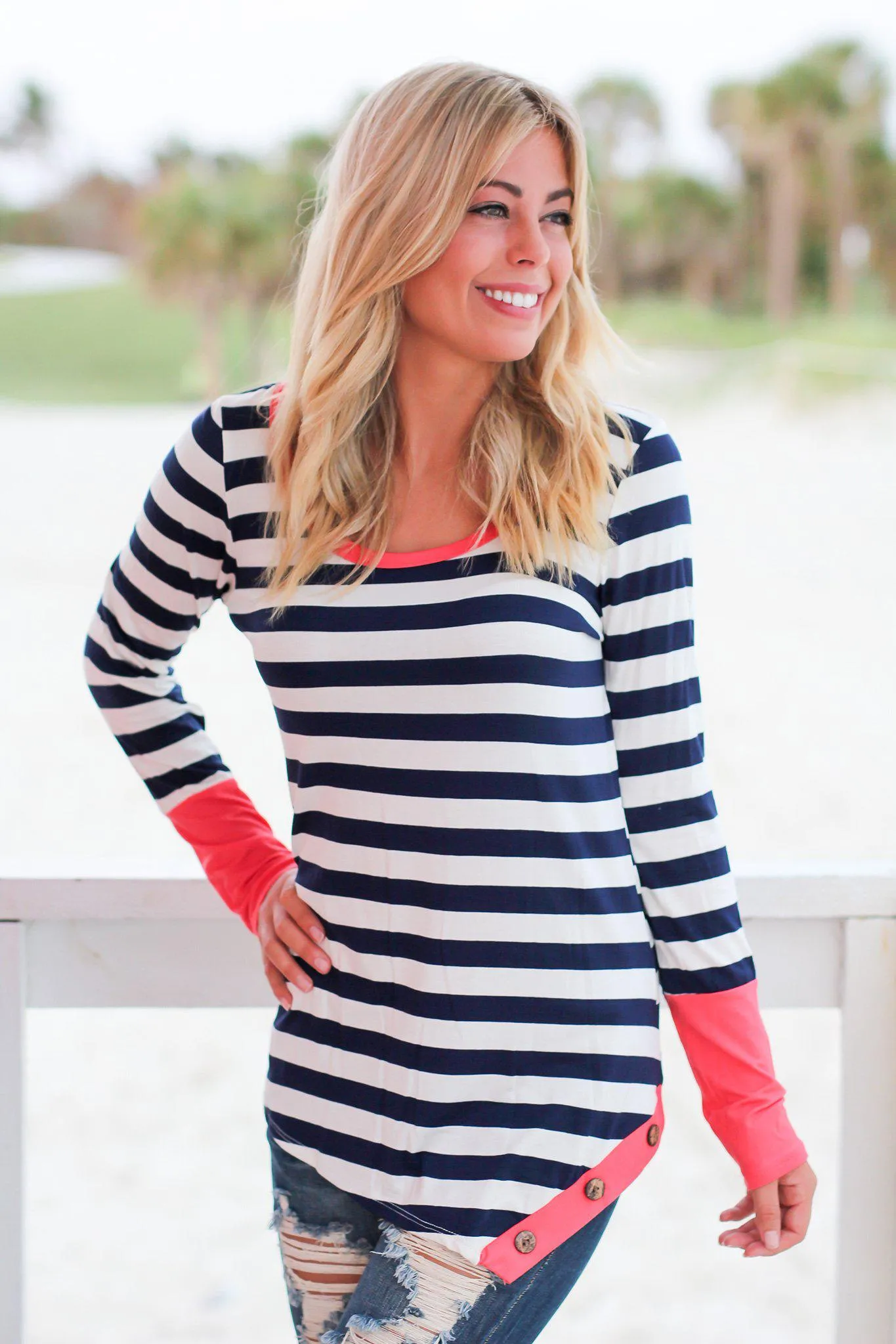 Navy and Coral Striped Top with Buttons