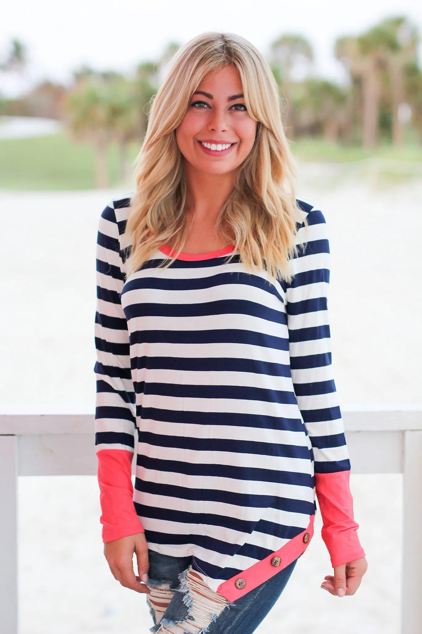 Navy and Coral Striped Top with Buttons