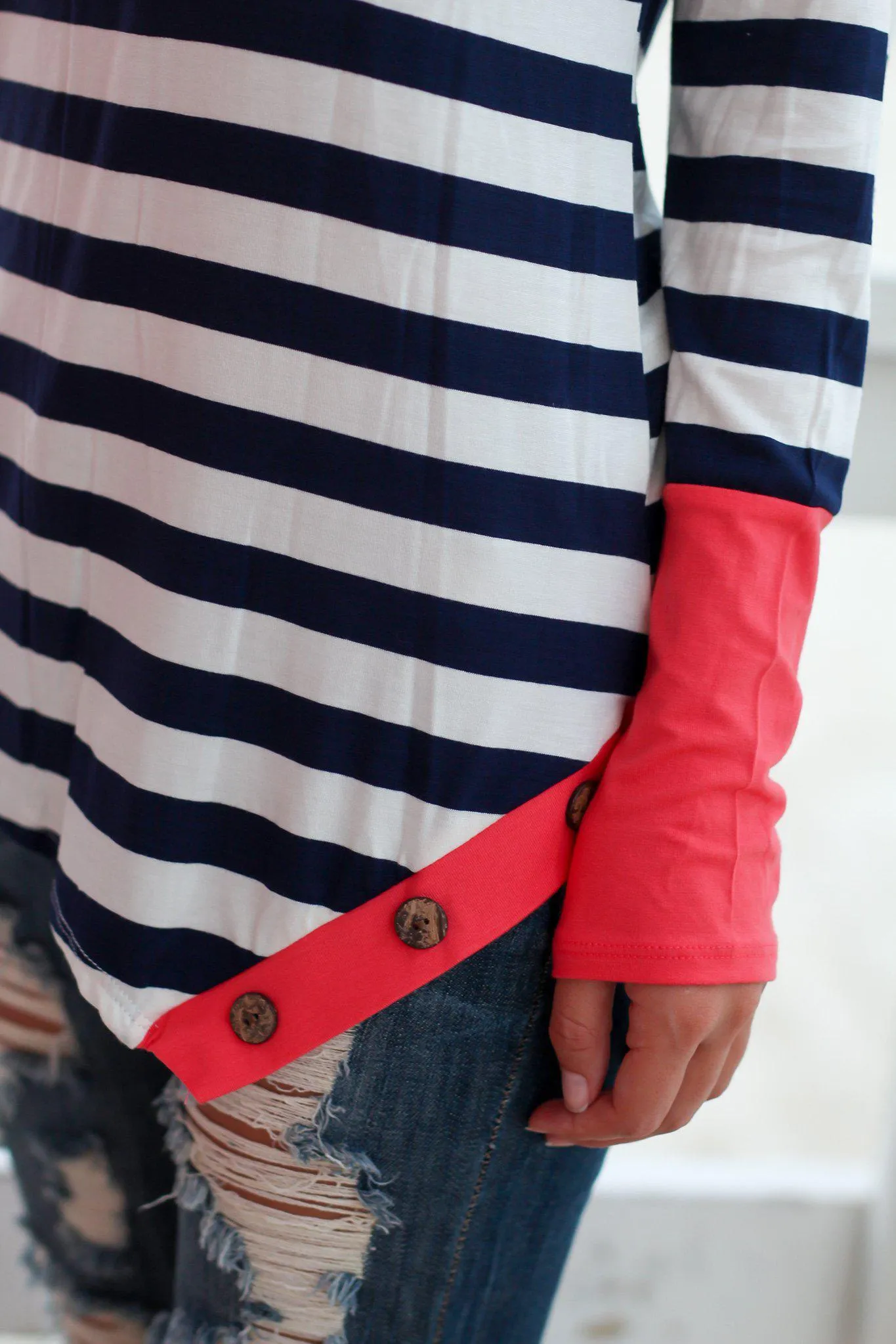 Navy and Coral Striped Top with Buttons