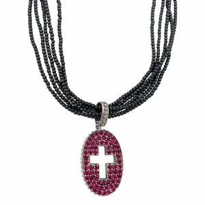 NECKLACE Double-sided with Pink & Blue Sapphires & Cross on Black Beaded Chain