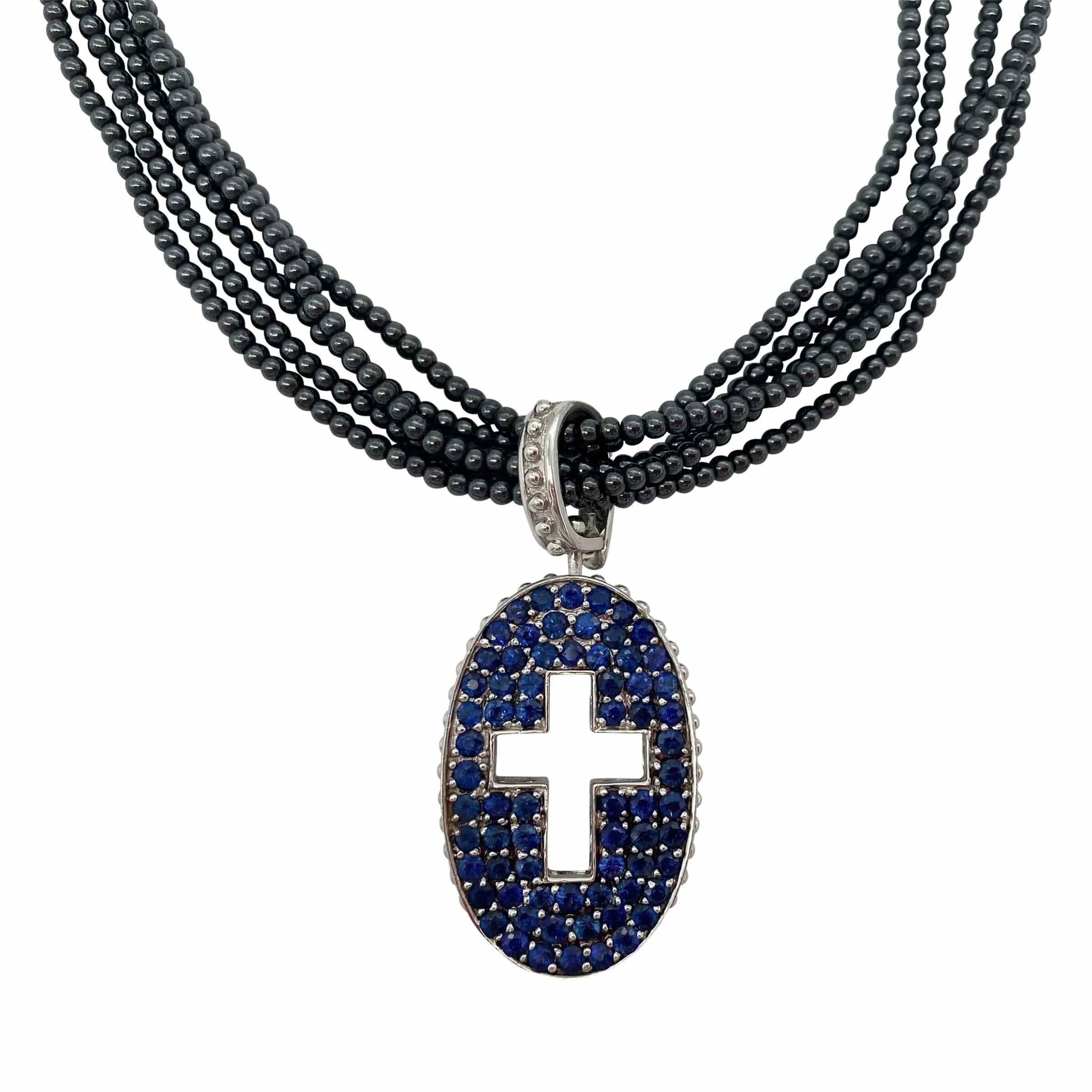 NECKLACE Double-sided with Pink & Blue Sapphires & Cross on Black Beaded Chain