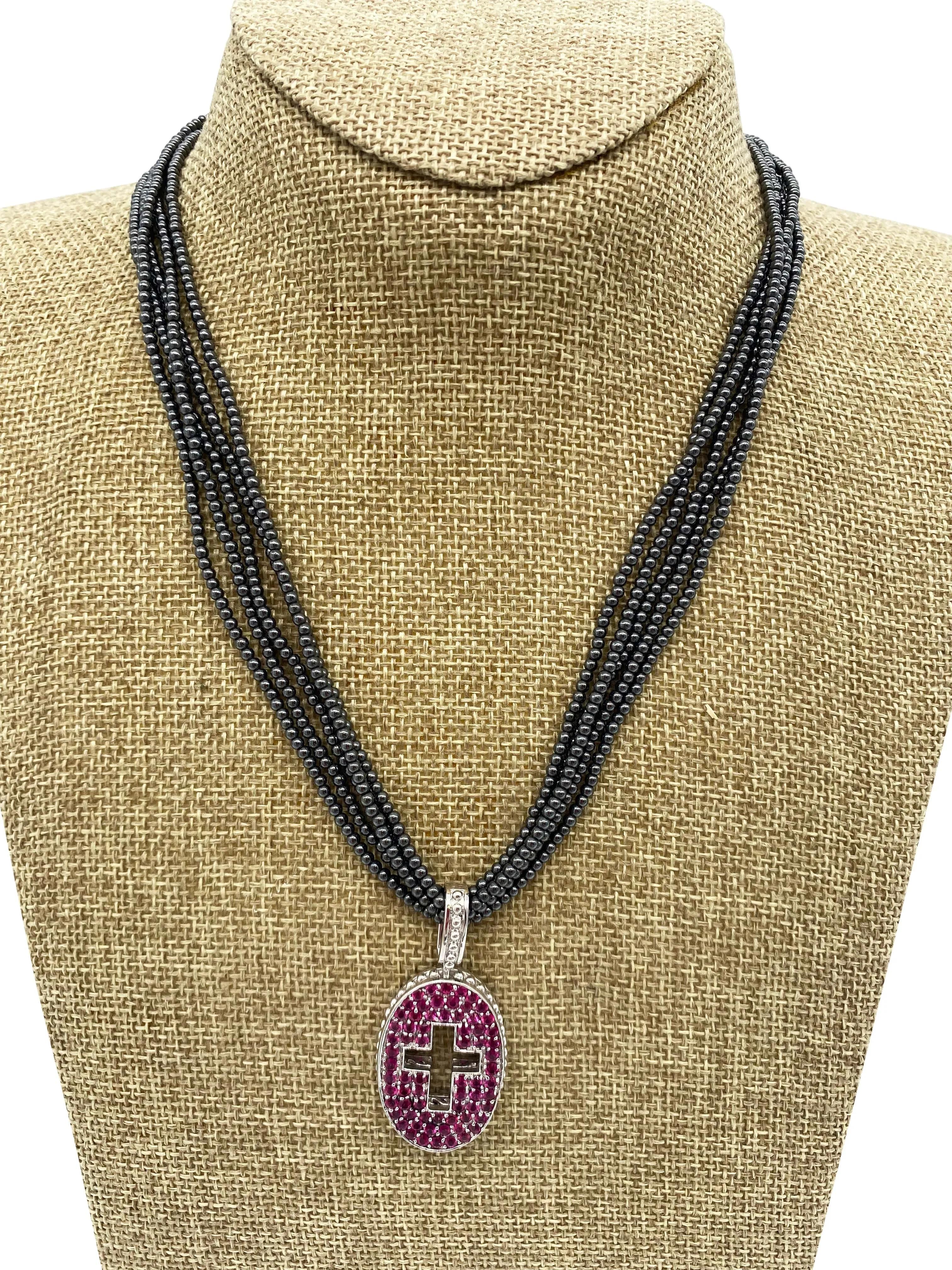 NECKLACE Double-sided with Pink & Blue Sapphires & Cross on Black Beaded Chain