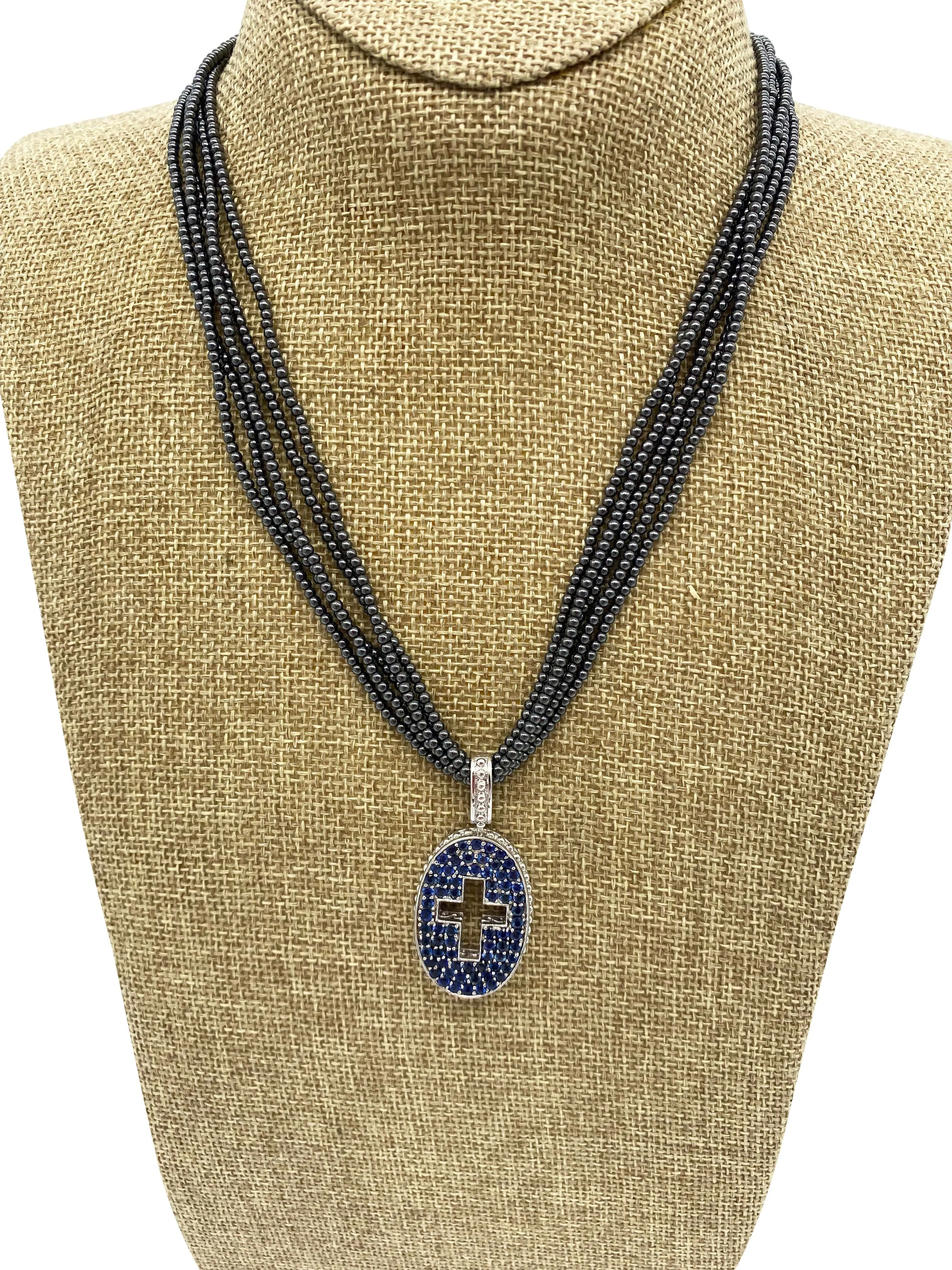 NECKLACE Double-sided with Pink & Blue Sapphires & Cross on Black Beaded Chain