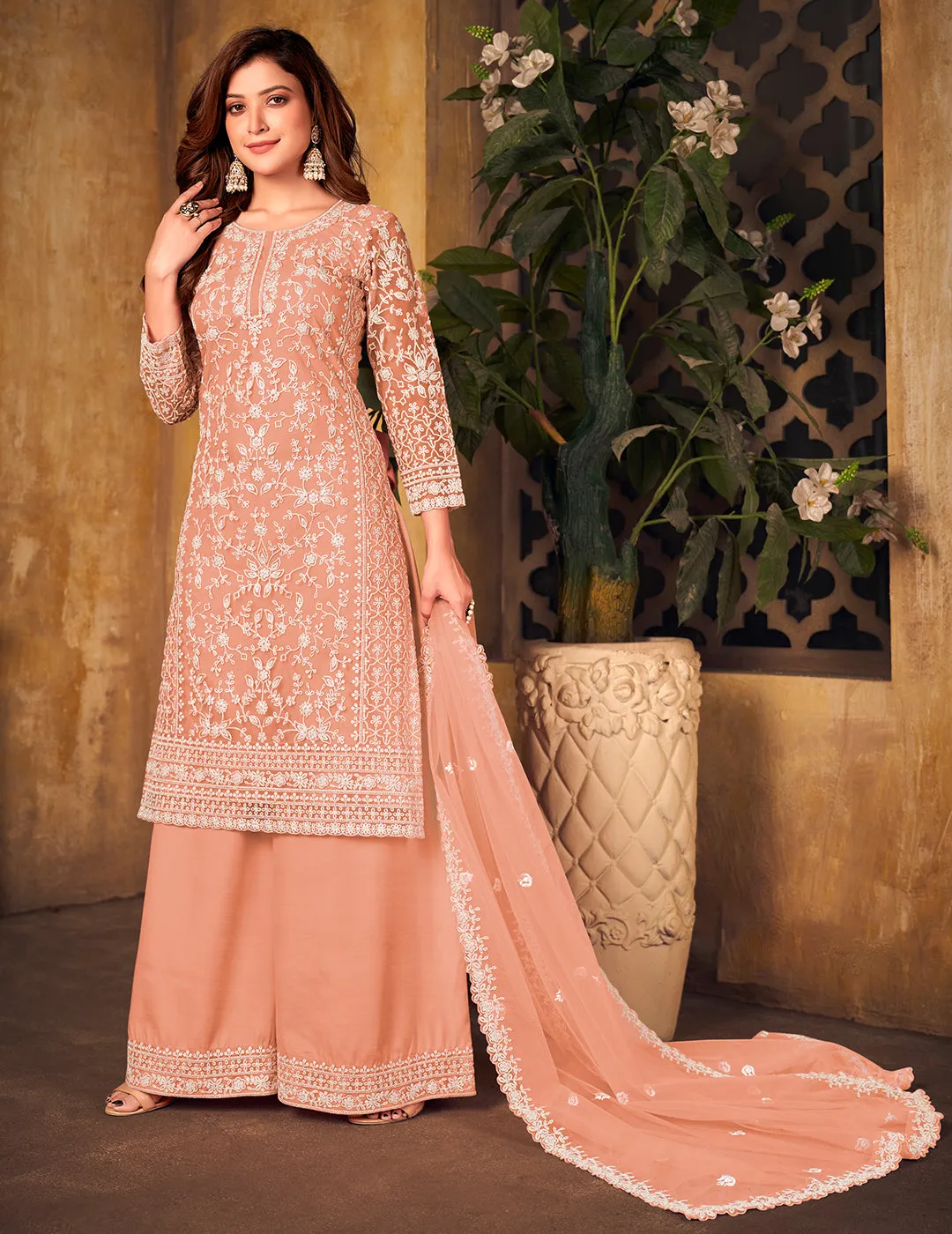 Net Coral Peach Ceremonial Embroidered Palazzo Suit