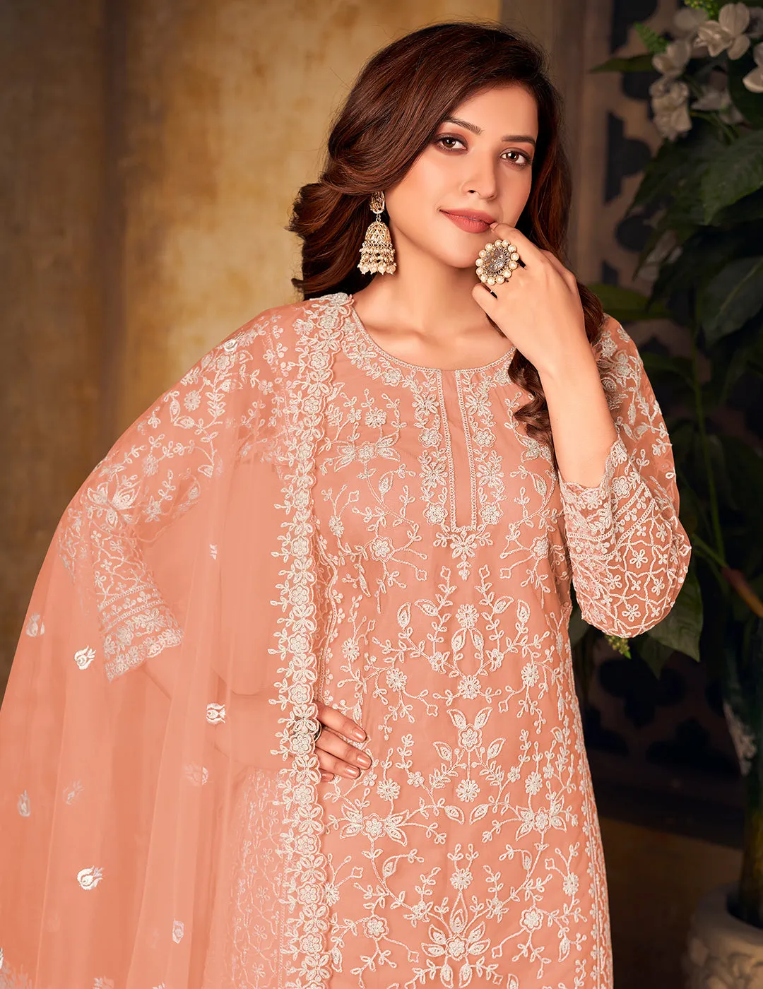 Net Coral Peach Ceremonial Embroidered Palazzo Suit