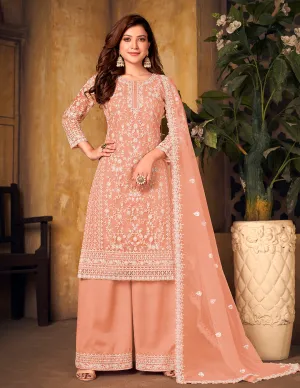 Net Coral Peach Ceremonial Embroidered Palazzo Suit