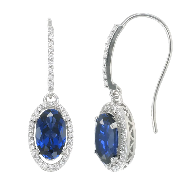 Oval Blue Sapphire Drop Earrings with Halo