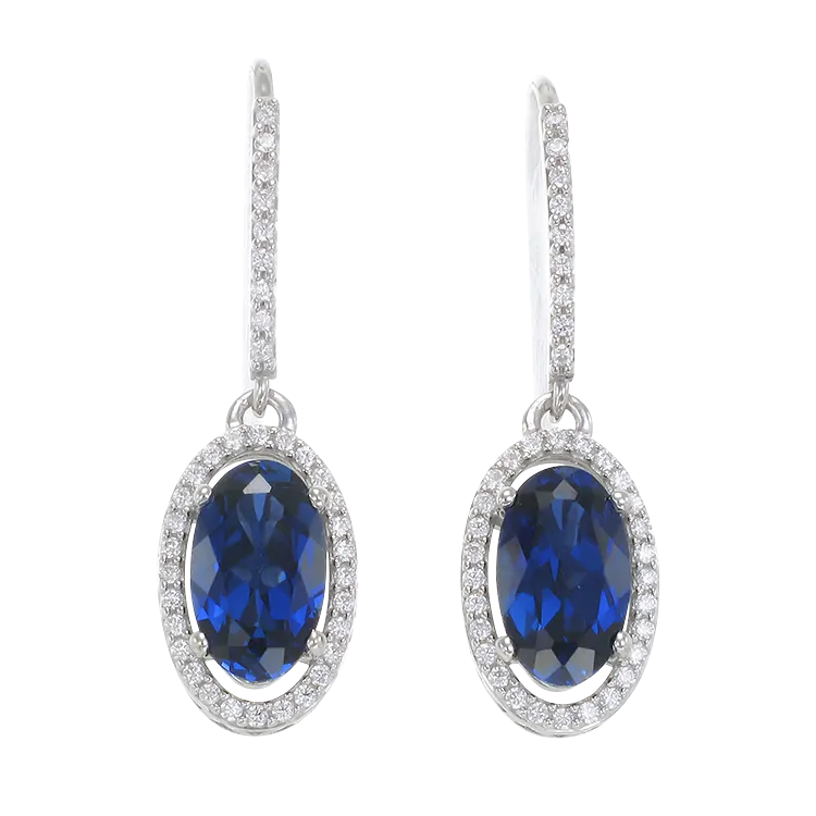 Oval Blue Sapphire Drop Earrings with Halo