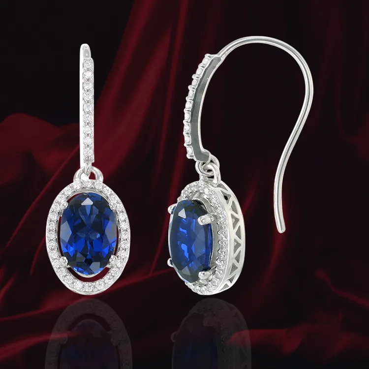 Oval Blue Sapphire Drop Earrings with Halo