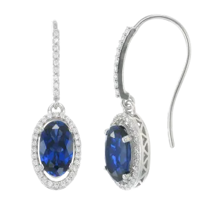 Oval Blue Sapphire Drop Earrings with Halo