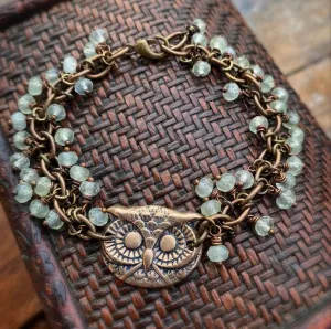 Owl bronze charm, Prehnite gemstone, handmade bracelet, bronze metal, jewelry