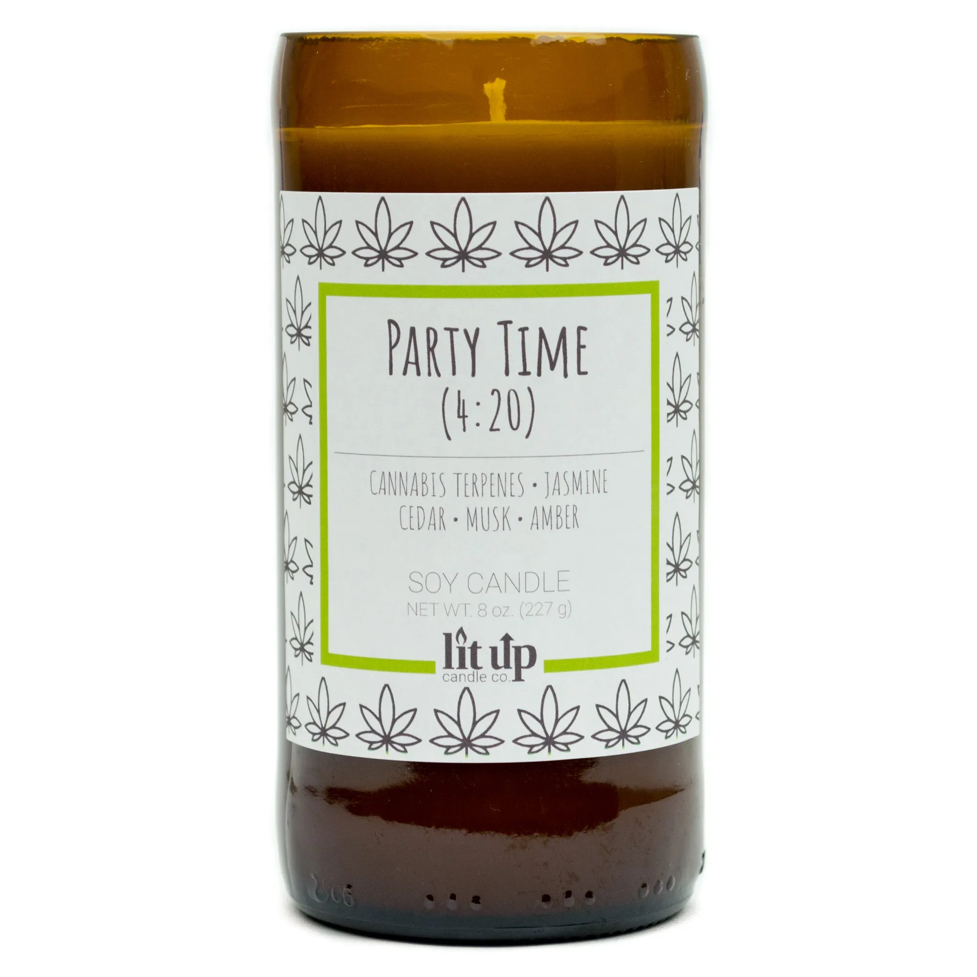 Party Time (4:20) scented 8 oz. soy candle in upcycled beer bottle - FKA Cannabis Flower