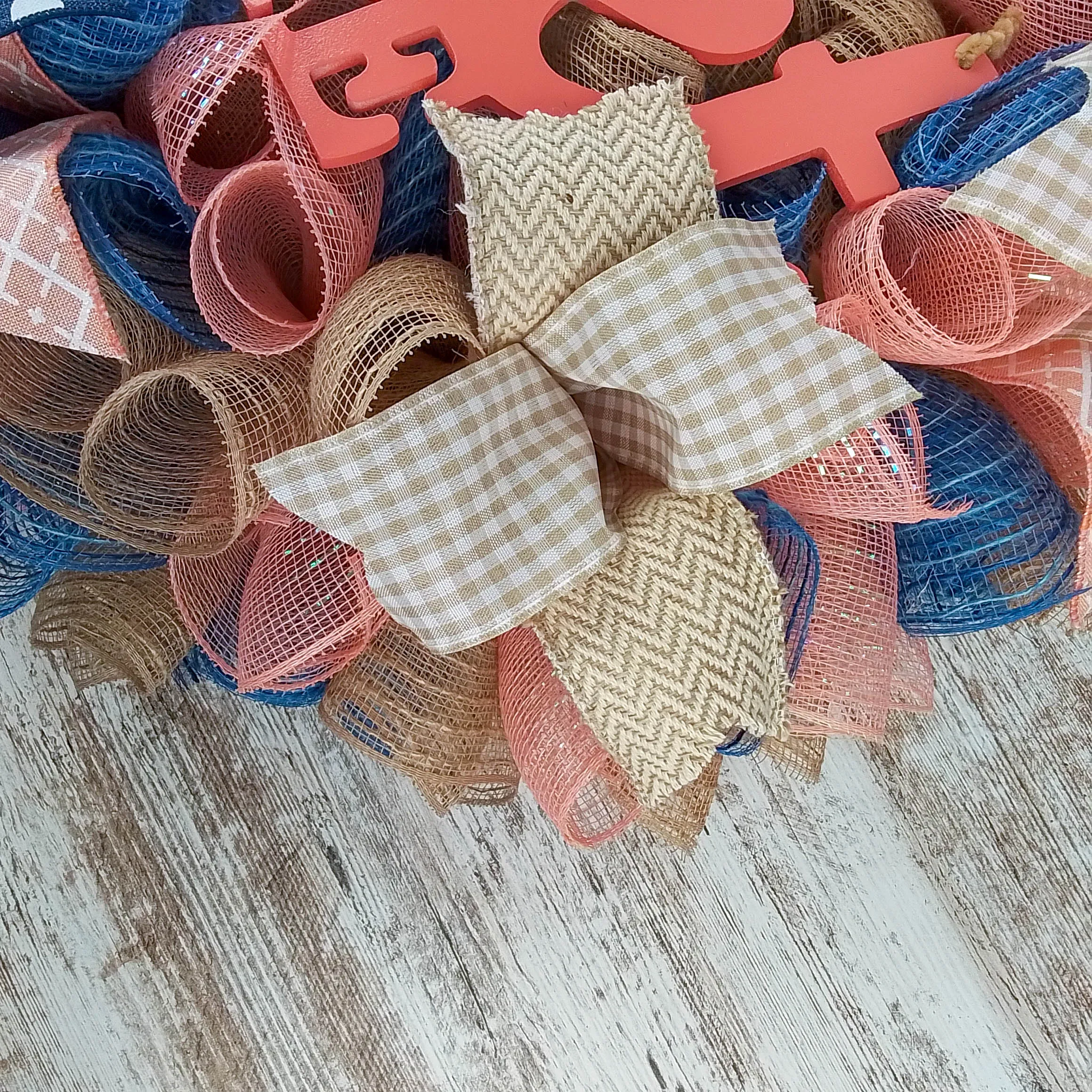 Pastel Year Round Wreath, Everyday Wreath for Front Door, Coral, Denim Blue, Mint, Jute