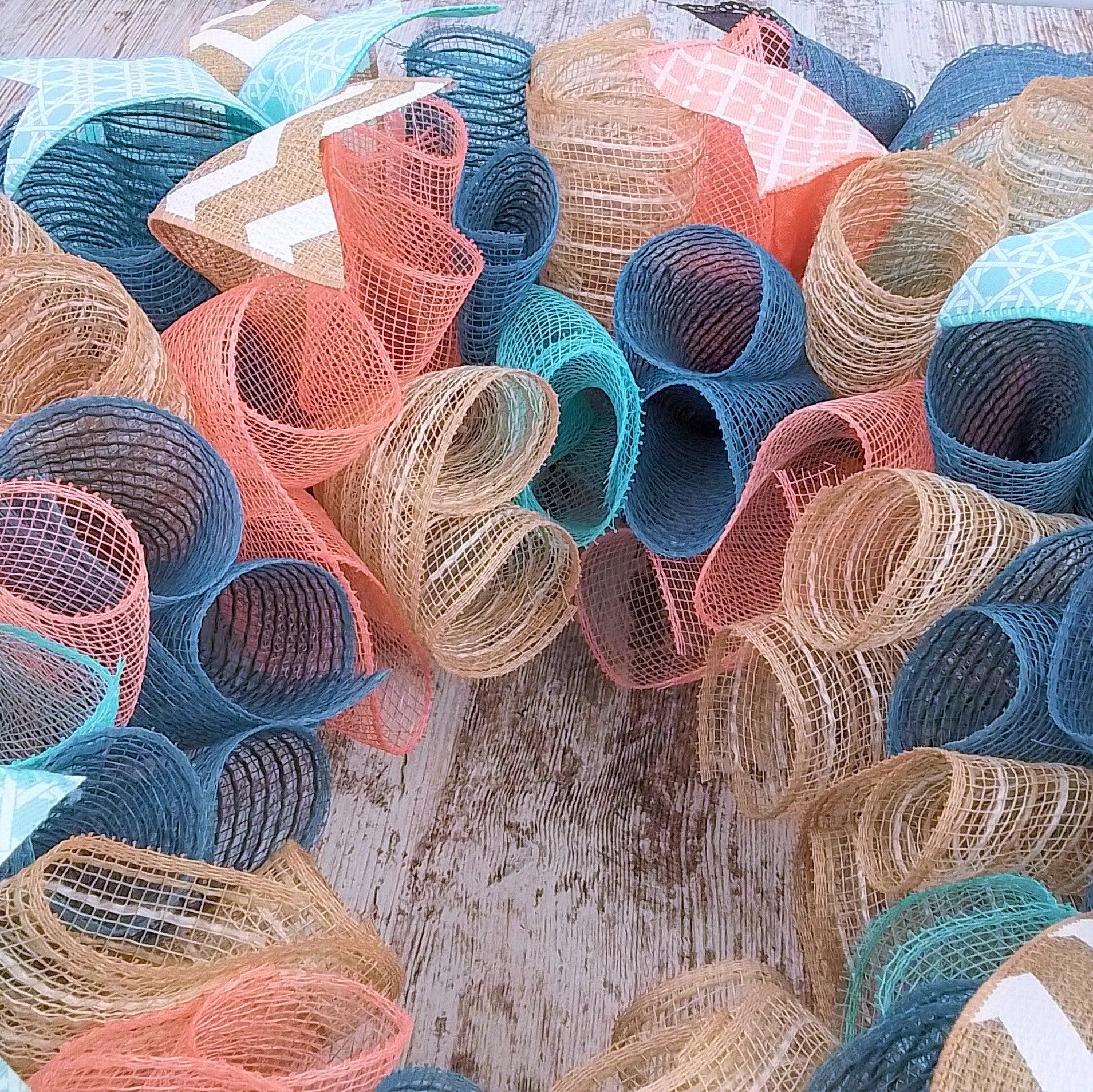 Pastel Year Round Wreath, Everyday Wreath for Front Door, Coral, Denim Blue, Mint, Jute