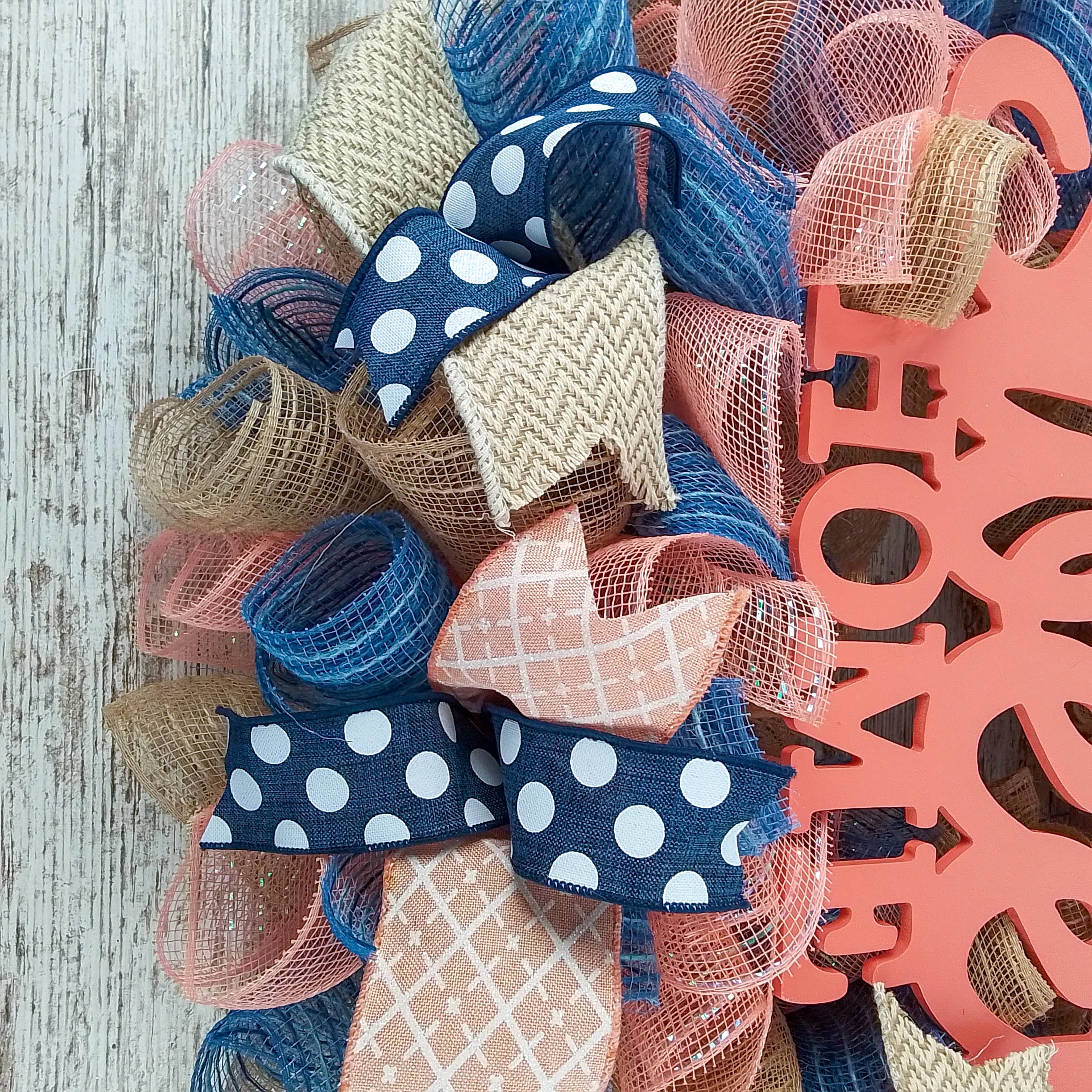 Pastel Year Round Wreath, Everyday Wreath for Front Door, Coral, Denim Blue, Mint, Jute