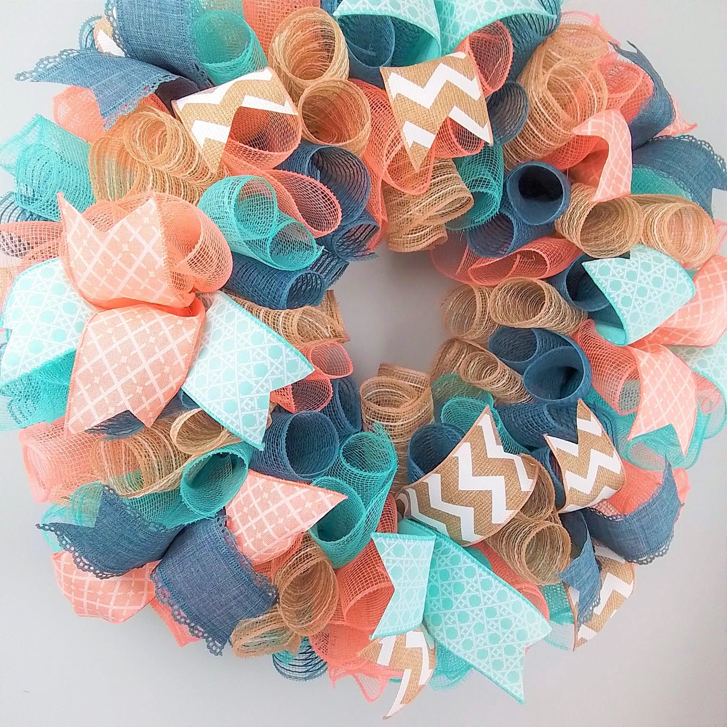 Pastel Year Round Wreath, Everyday Wreath for Front Door, Coral, Denim Blue, Mint, Jute