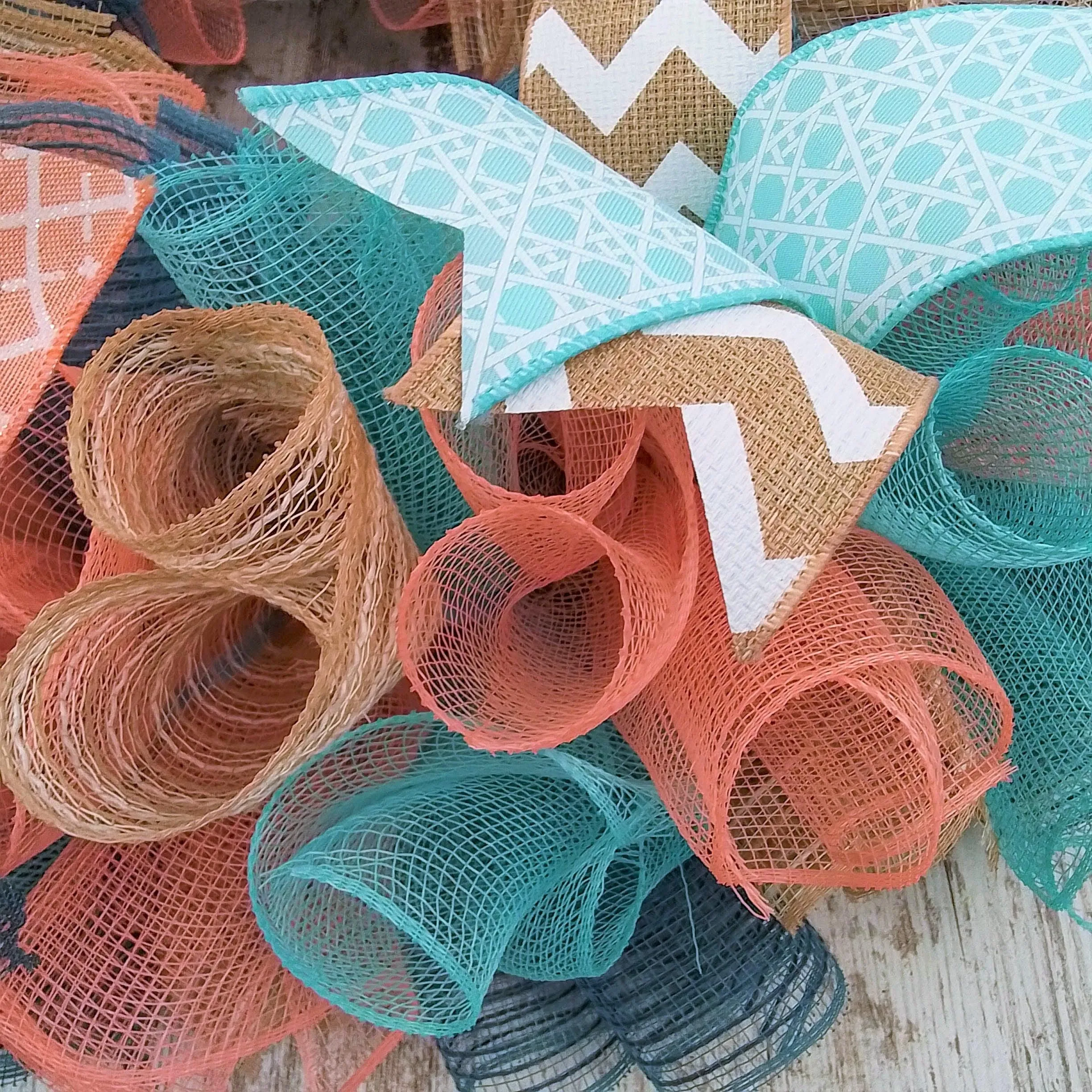 Pastel Year Round Wreath, Everyday Wreath for Front Door, Coral, Denim Blue, Mint, Jute