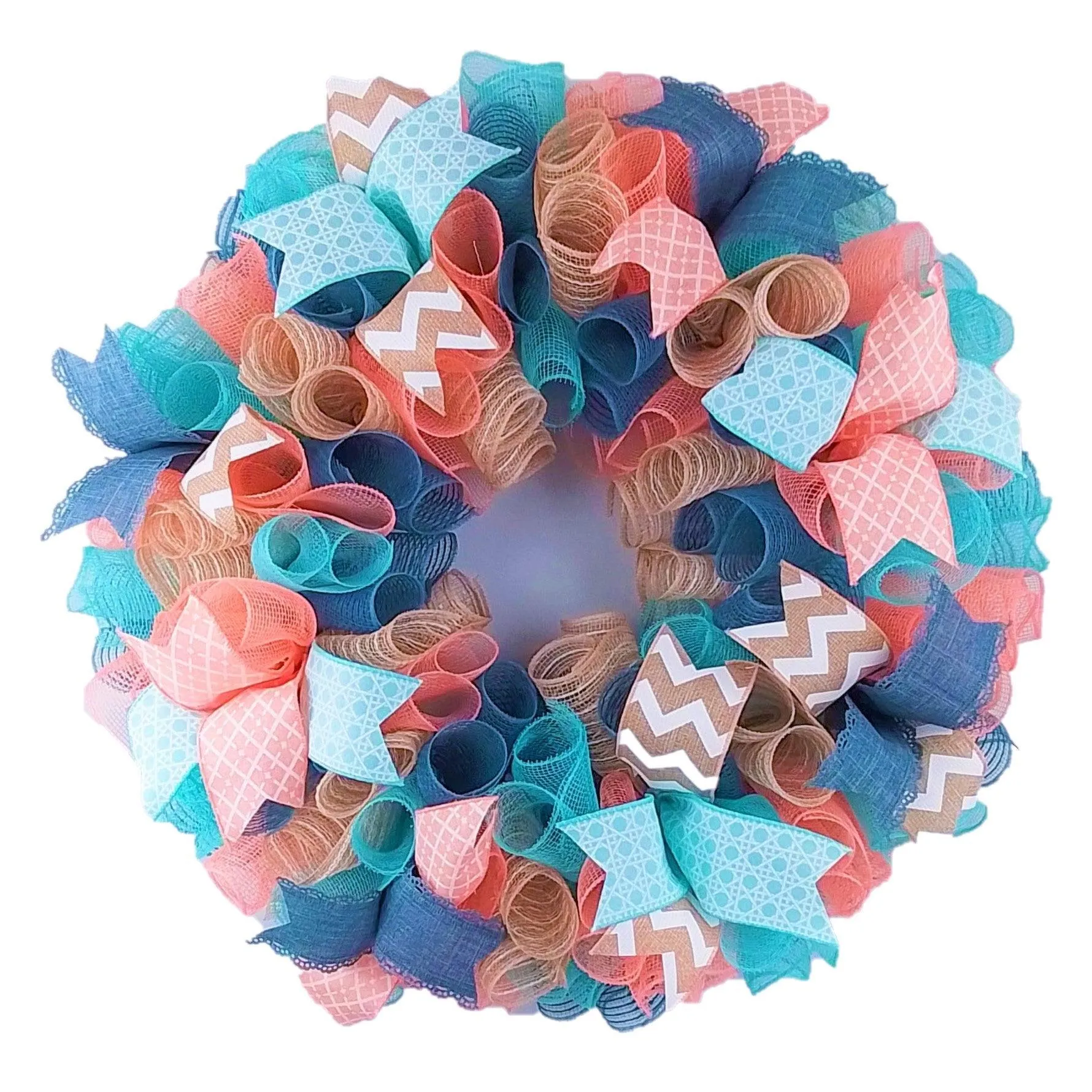 Pastel Year Round Wreath, Everyday Wreath for Front Door, Coral, Denim Blue, Mint, Jute