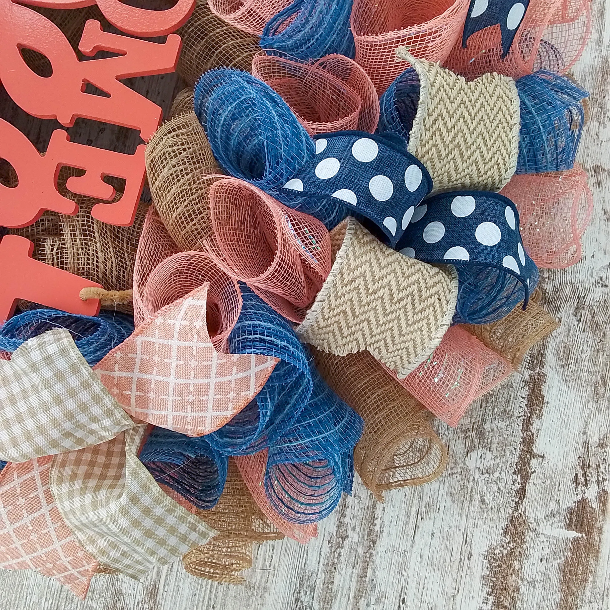 Pastel Year Round Wreath, Everyday Wreath for Front Door, Coral, Denim Blue, Mint, Jute