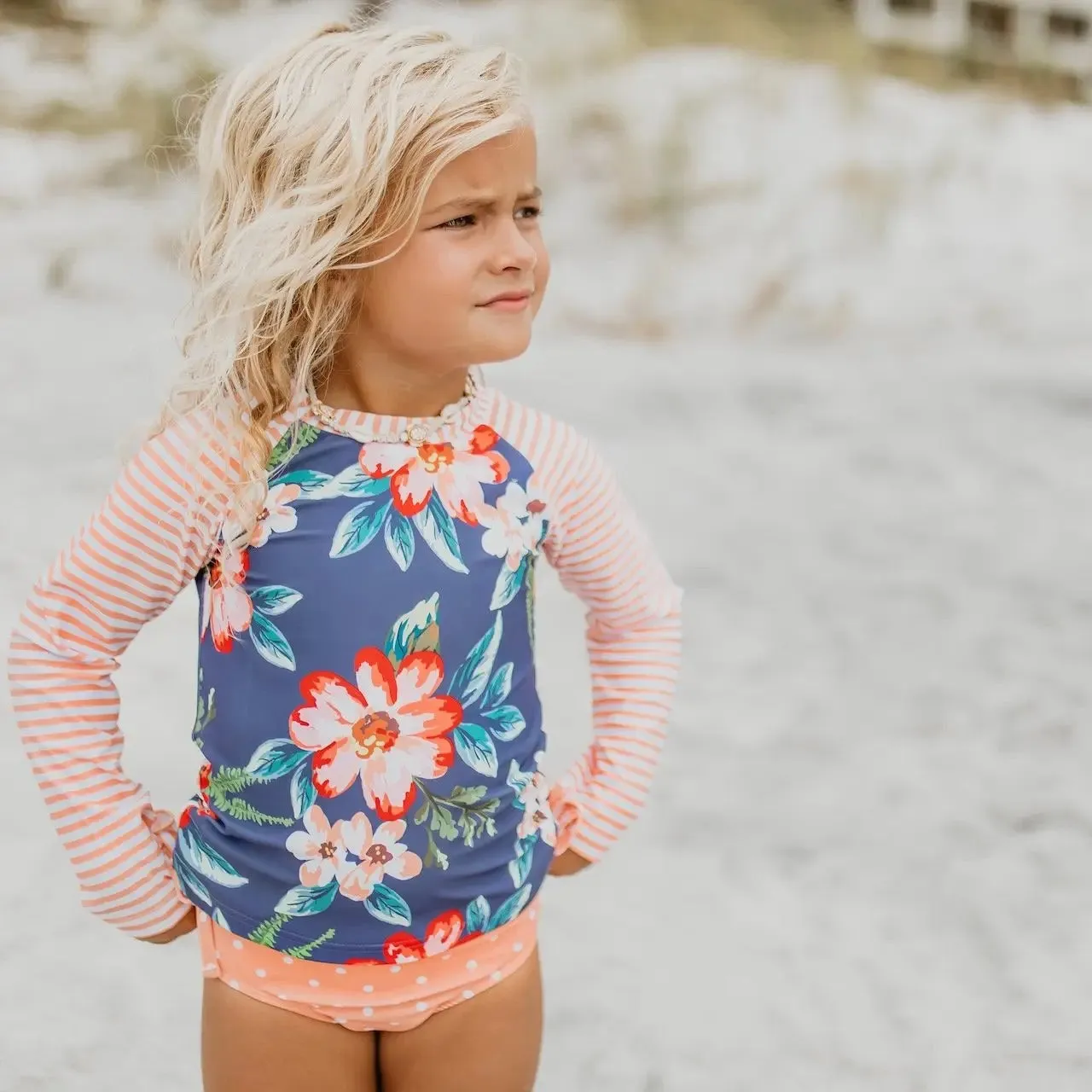 Peach Stripe Rash guard Swimsuit