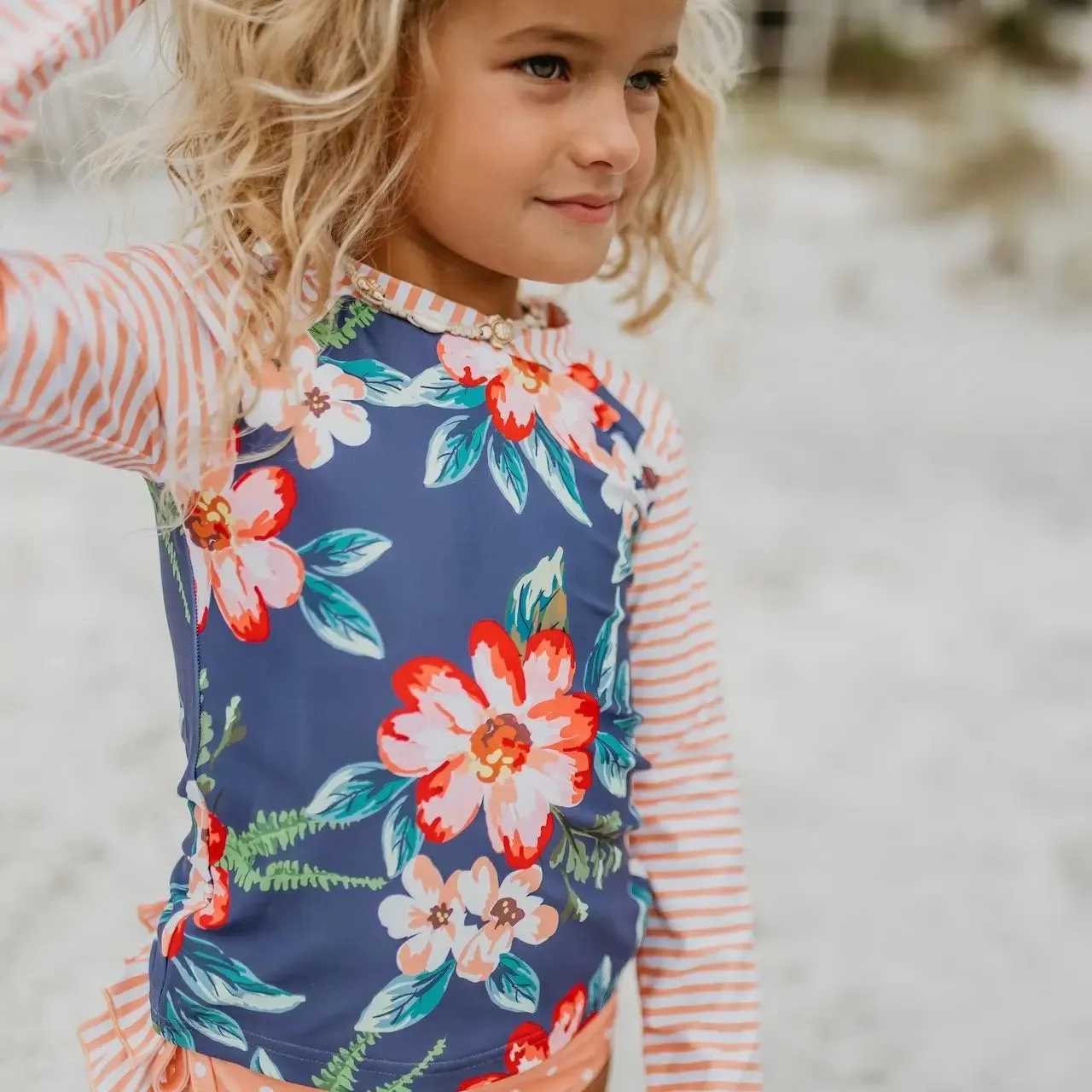 Peach Stripe Rash guard Swimsuit