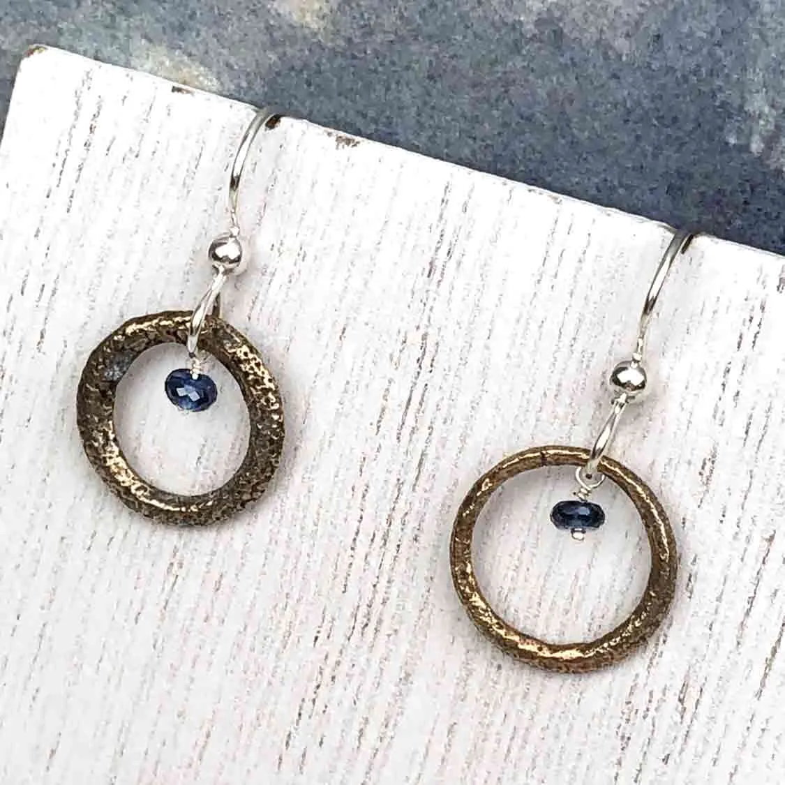 Petite Bright Bronze Celtic Ring Money Earrings with Genuine Sapphire | Artifact #6565