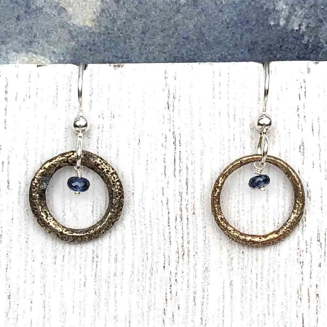 Petite Bright Bronze Celtic Ring Money Earrings with Genuine Sapphire | Artifact #6565