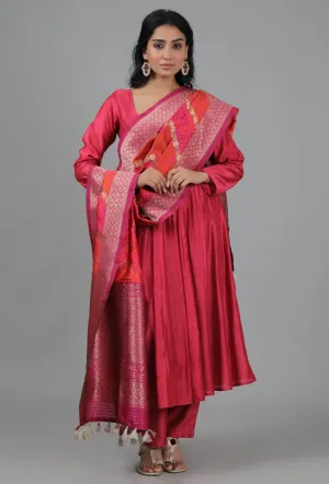 Raspberry Pink & Coral Bandhani Chanderi Brocade Dupatta