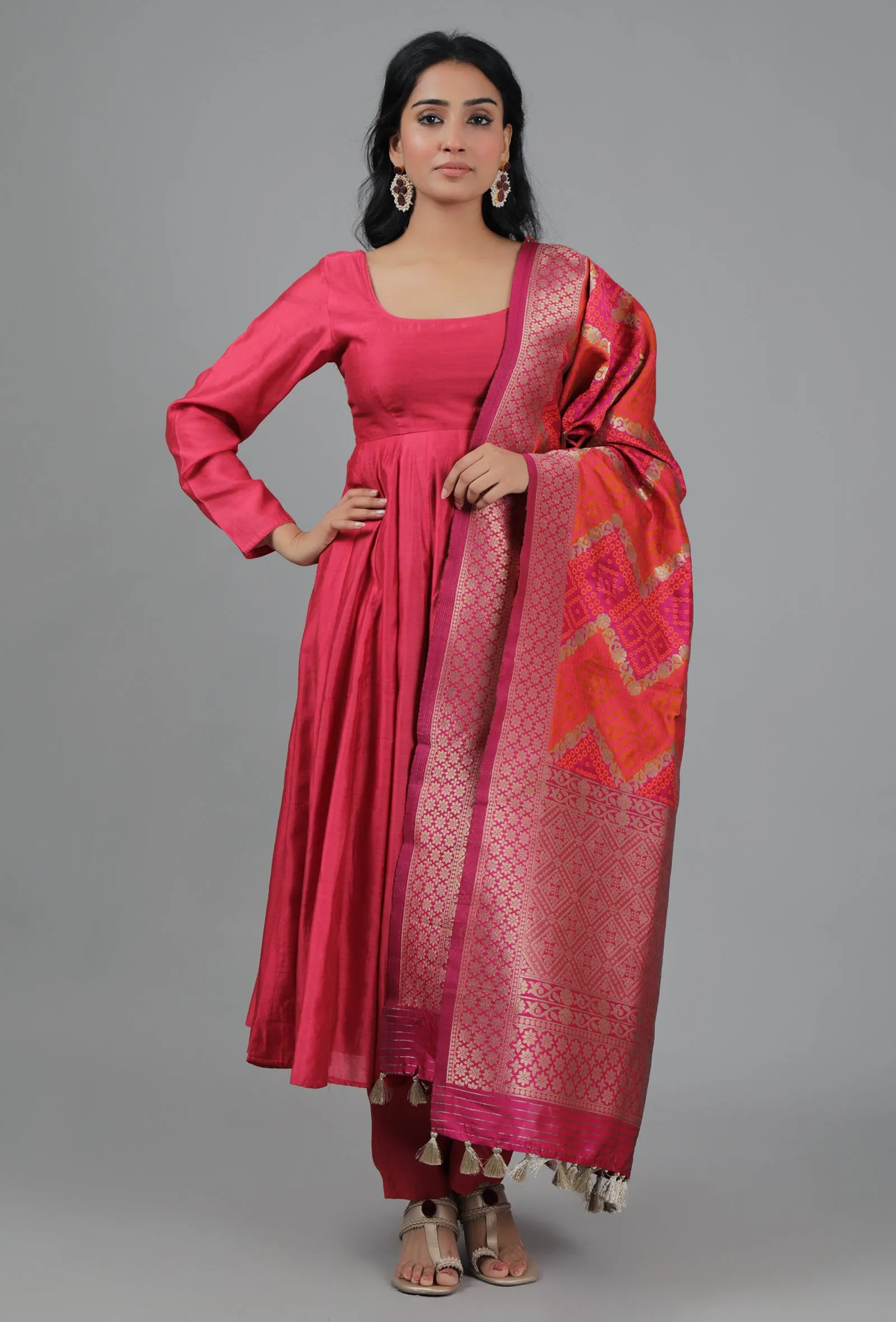 Raspberry Pink & Coral Bandhani Chanderi Brocade Dupatta