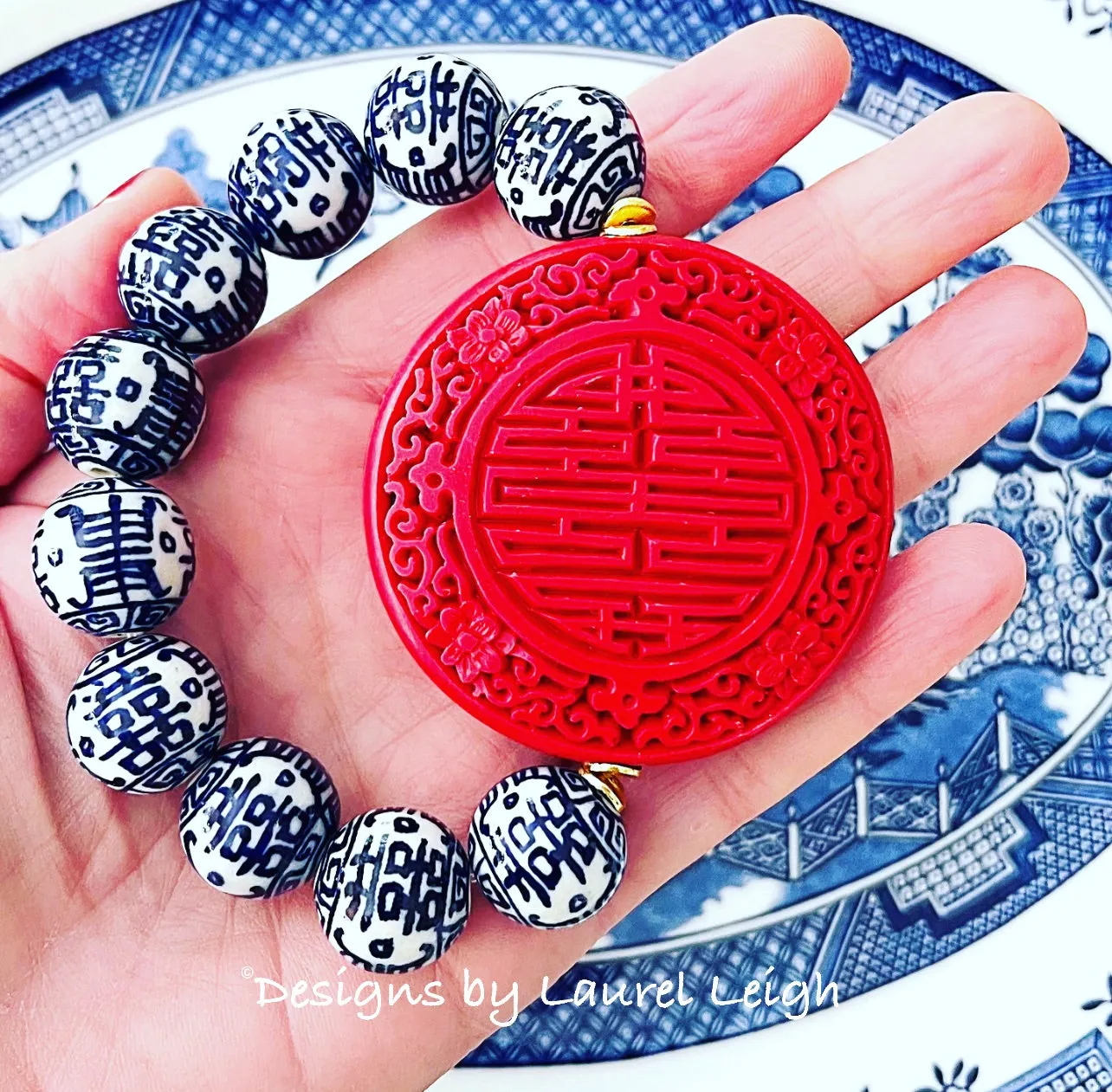 Red, Blue & White Double Happiness Cinnabar Bracelet