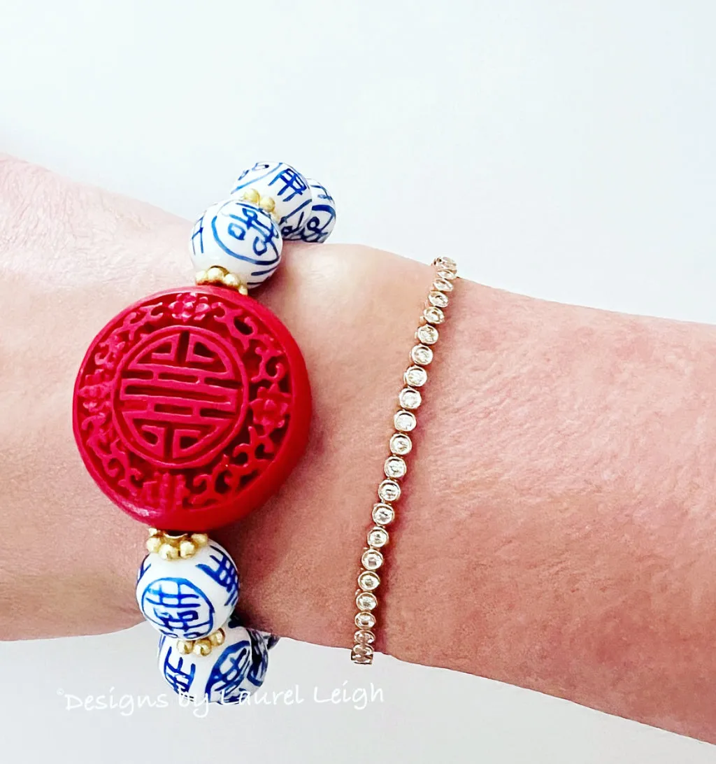 Red, Blue & White Double Happiness Cinnabar Bracelet